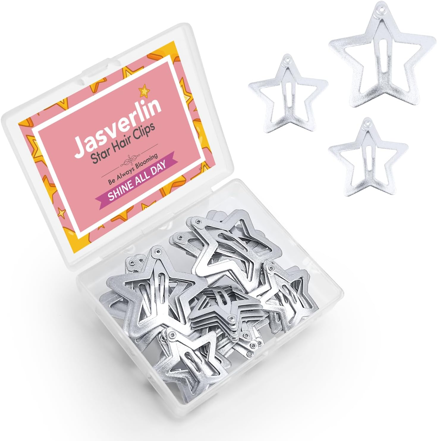 JASVERLIN Star Hair Clips, 1.22" and 1.61" Cute Kawaii Snap Barrettes for Women Girls Teens, Y2K Fashion Festival Rave Hair Accessories 2000S Aesthetic Stars Stuff Non Slip 40 Pcs (Matte Silver)