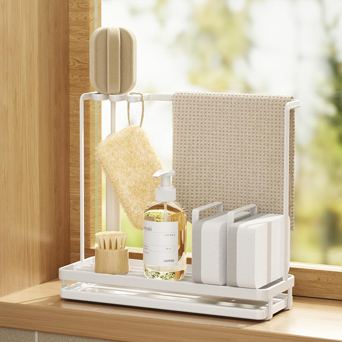 Uptyia Kitchen Sink Tray Drainer Rack,Sponge Holder for Sink,Sink Caddy Sponge Holder Sink Caddy Organizer, Soap Dish Dispenser Brush Holder Storage Kitchen Accessories (25 X 9 X 22 Cm,White) image number 2