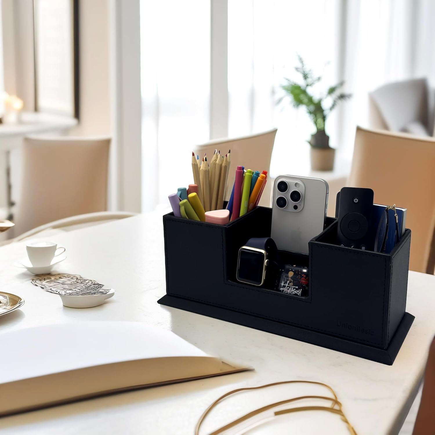 Unionbasic PU Leather 4 Compartment Desk Organizer Card/Pen/Pencil/Mobile Phone Office Supplies Holder Collection Desktop Organizer (Black)