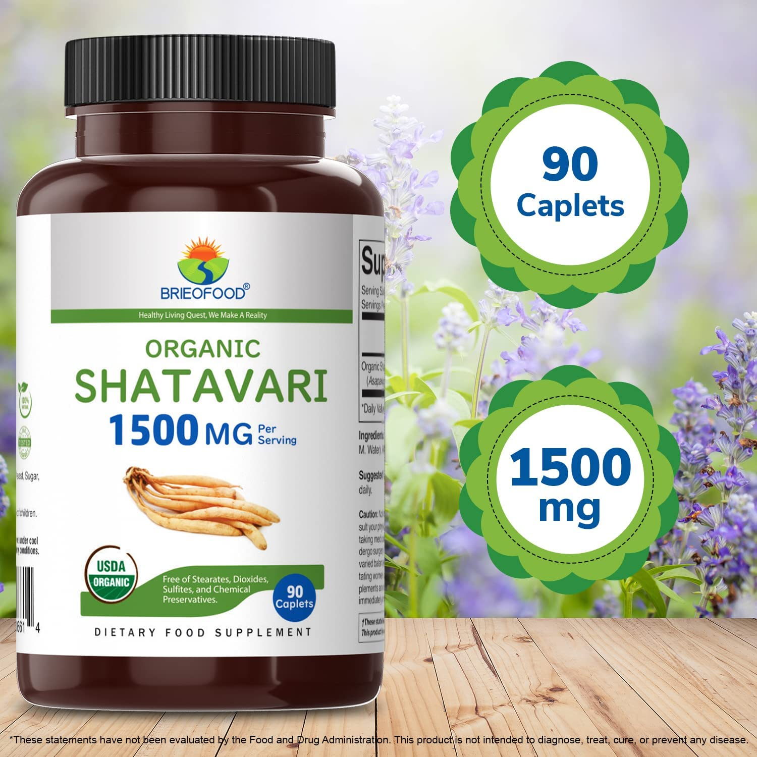 Brieofood Organic Shatavari 1500Mg, 45 Servings, Vegetarian, Gluten Free, 90 Vegetarian Tablets image number 1