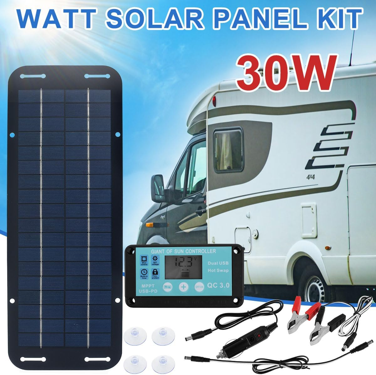Solar Panel Kit, 12V 30W IP65 Waterproof Trickle Charger, Portable Monocrystalline Solar Powered Battery Charger with Voltage Regulator for Car, RV, Boat, Motorcycle image number 3