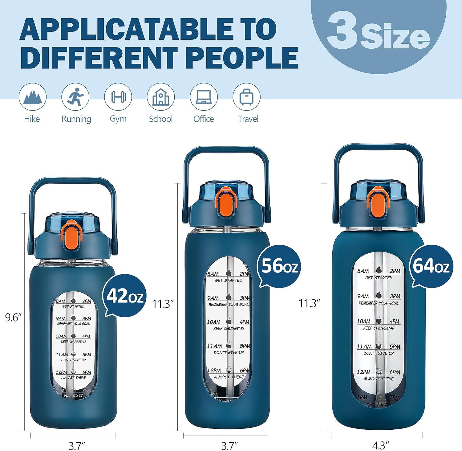 Kytffu 64Oz Glass Water Bottles with Straw, Half Gallon Motivational Glass Bottle with Silicone Sleeve and Time Marker, 2L Leakproof Large Glass Water Jug for Gym Home Office,Blue - 84 Ounces, Black image number 4