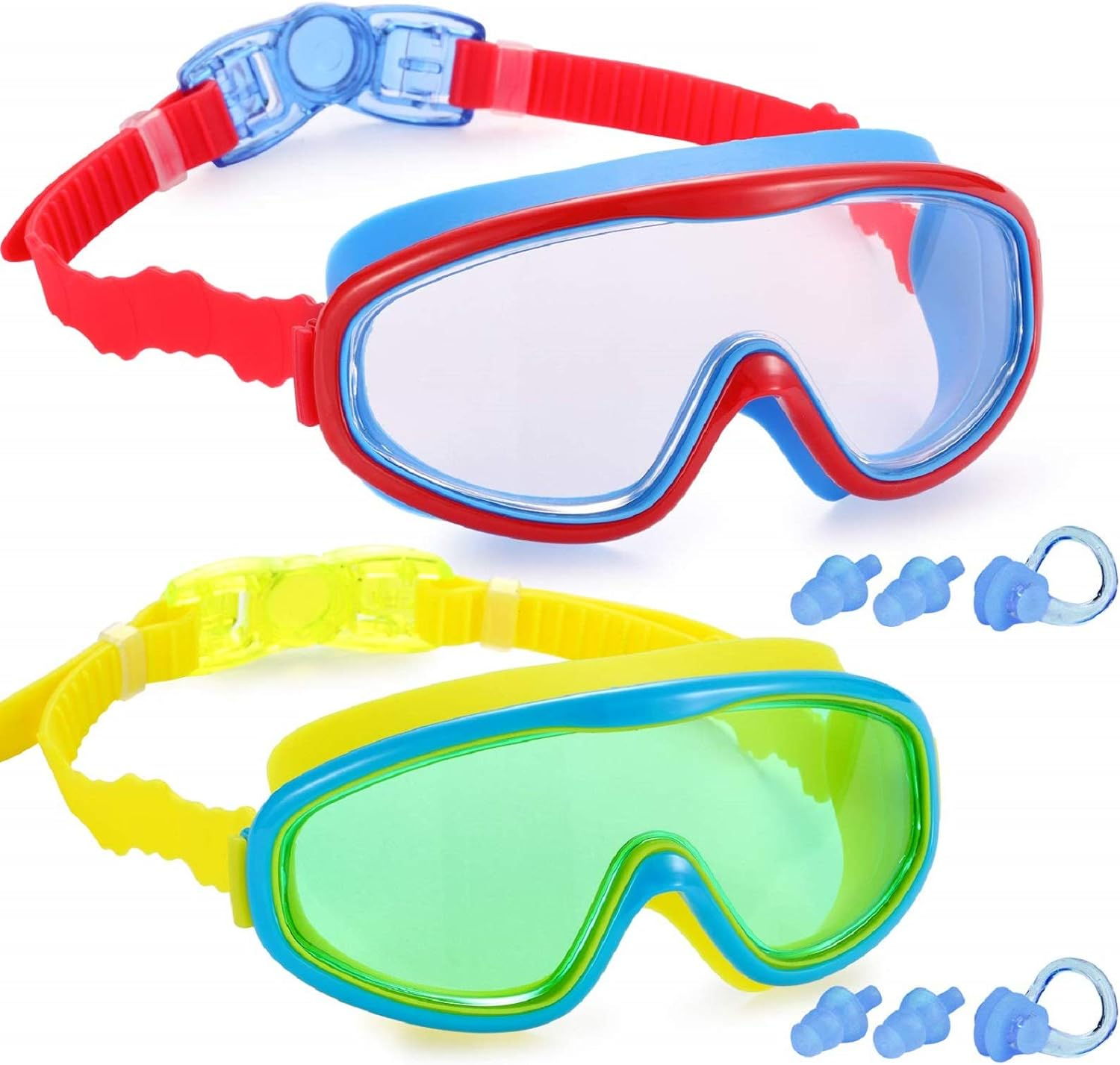 Noorlee Kids Swim Goggles, 2 Pack Swimming Glasses for Children and Early Teens (Age 3 to 15 Years Old), Anti-Fog, Watertight, UV Protection, Soft Silicone Frame and Strap, 180 Degree Vision