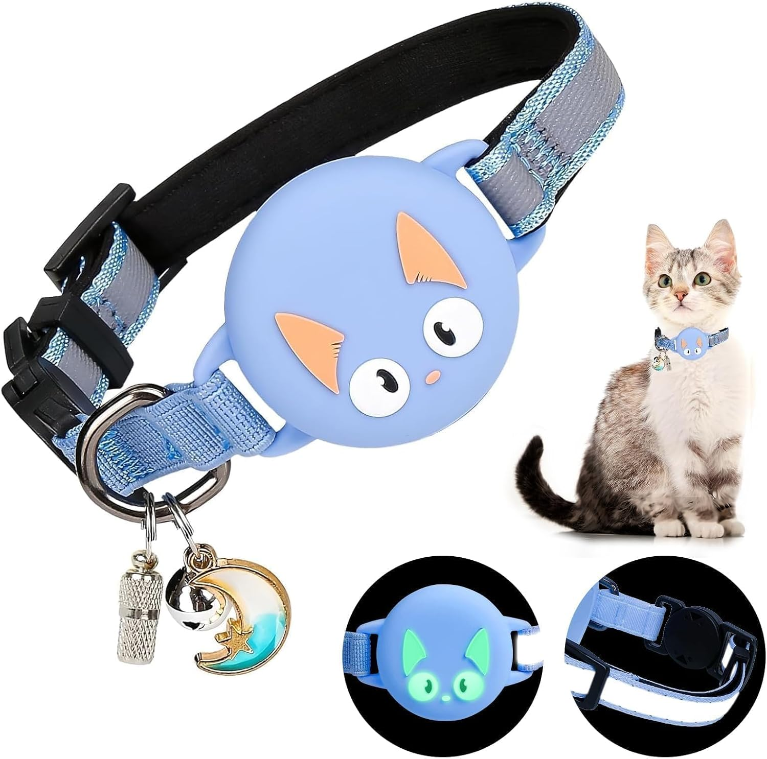 Woyinger Reflective Breakaway Cat Collars with Name Tag, with Apple for Air Tag Holder and Bell, Waterproof for Airtag Cat Collar Holder, Adjustable,Reflective Breakaway Cat Collars, for Cats (Blue)