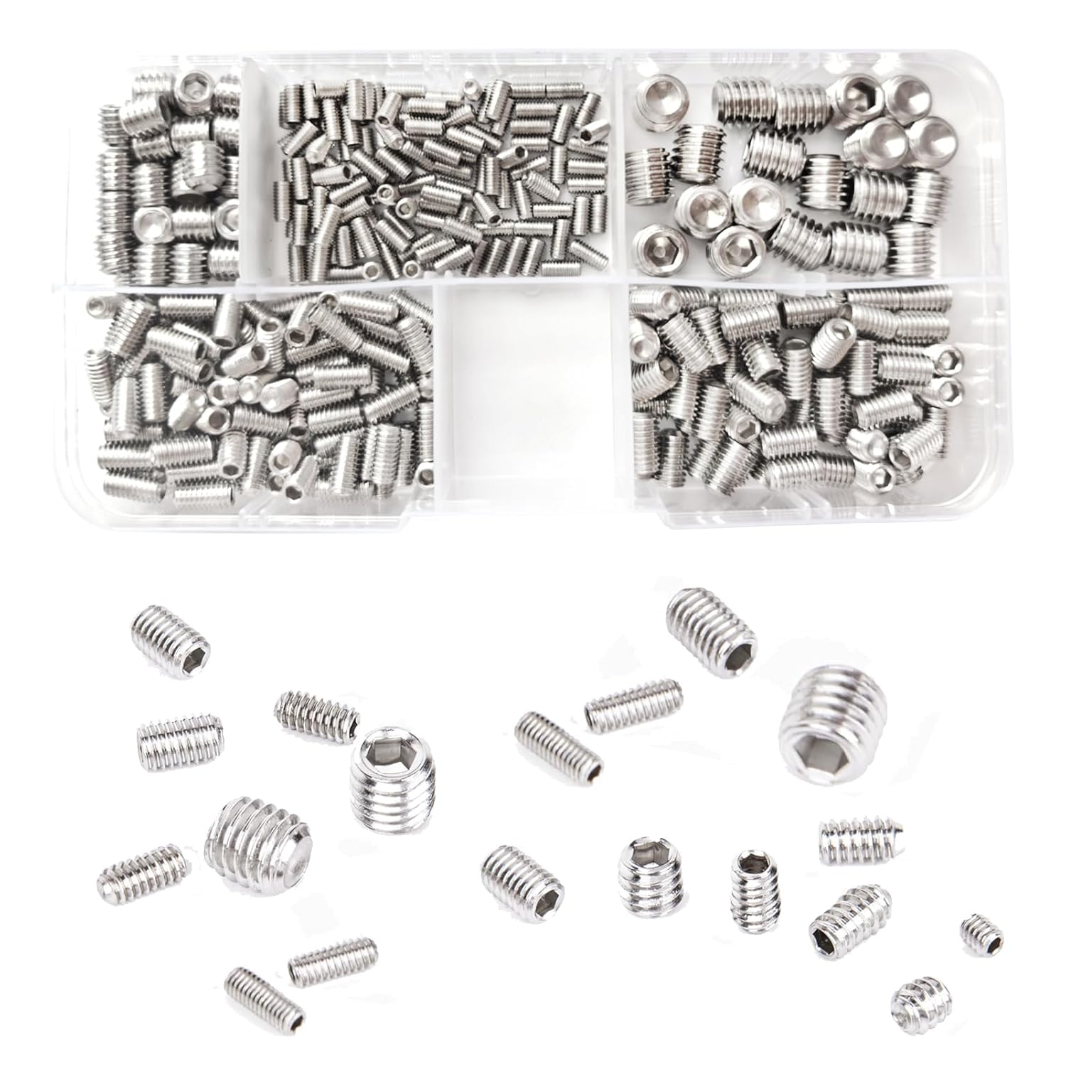 Ymaiss 380Pcs 304 Stainless Steel Hex Allen Head Socket Set Screws Grub Screw Bolts Assortment Kit Internal Hex Drive Cup-Point Set Screws 5 Sizes M3 M4 M5 M6 M8 image number 2