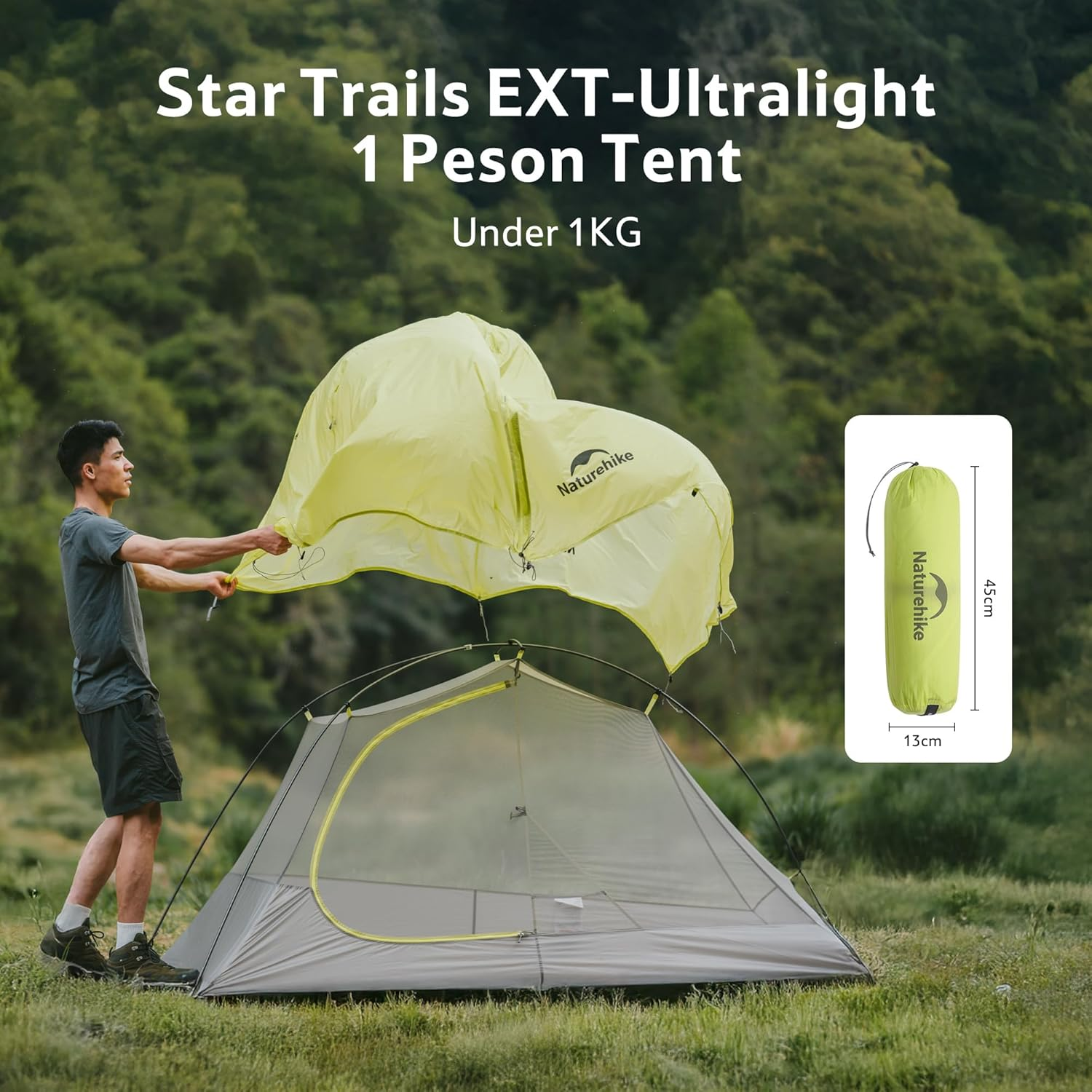 Naturehike Star Trail Tent, One Person under 1Kg Ultralight Backpacking Tent, 10D Nylon Lightweight Hiking Tent for 1 Person Solo Trip (Yellow) image number 4
