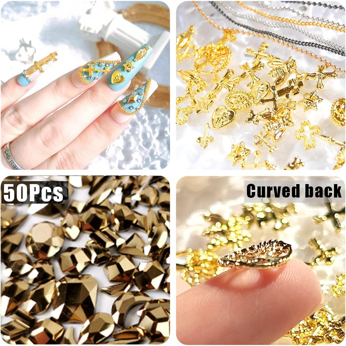 136Pcs 3D Nail Charms Rhinestones for Acrylic Nail Art Metal Nail Chains Gold Cross Heart Vintage Alloy Nail Rivet Studs Tip Punk Accessories Decoration Craft DIY image number 3