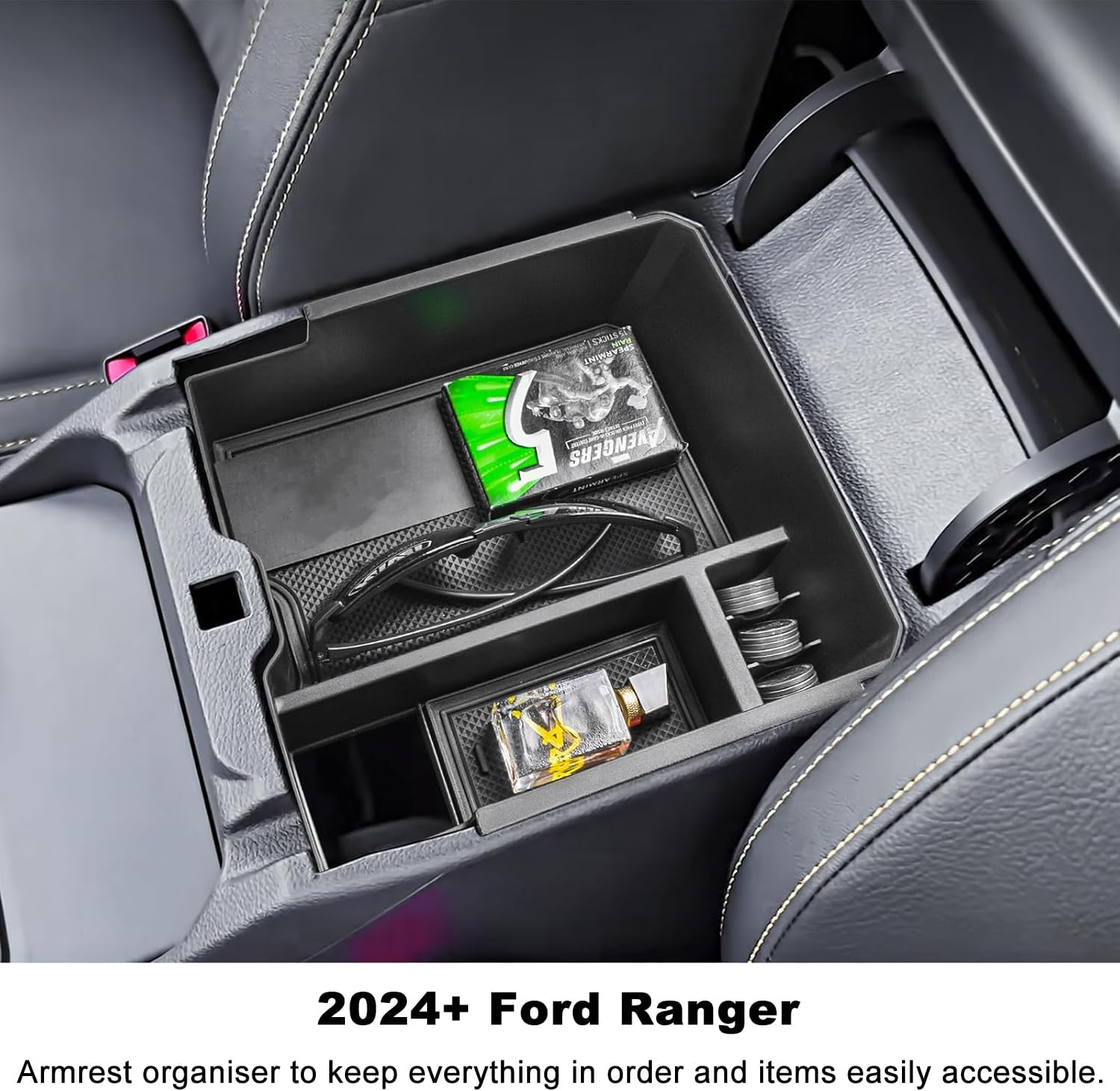 Center Console Organizer for 2024 Ford Ranger Armrest Storage Box Insert Holder Tray Interior Organizer Accessories for Ford Ranger & Raptor & Wildtrak (Electric Handbrake Version) image number 6