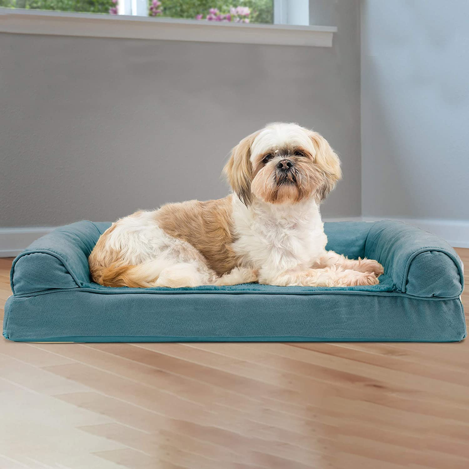 Furhaven Medium Orthopedic Dog Bed Plush & Suede Sofa-Style W/Removable Washable Cover - Deep Pool, Medium