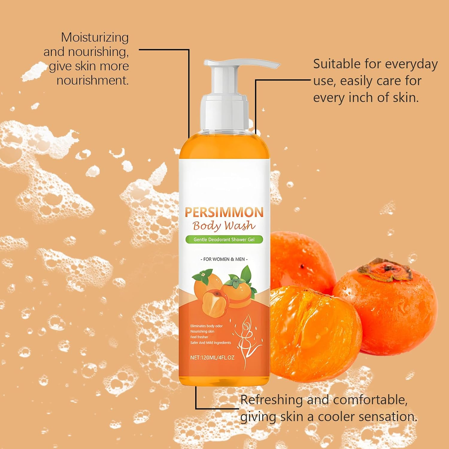 Persimmon Body Wash for Body Odor, Natural Deodorant Body Wash for Strong Odor Smell Removing, Deeply Cleansing & Moisturizing, with Persimmon Extraction, Fresher Scent, Gentle Ingredients (1Pcs) - 3Pcs image number 5