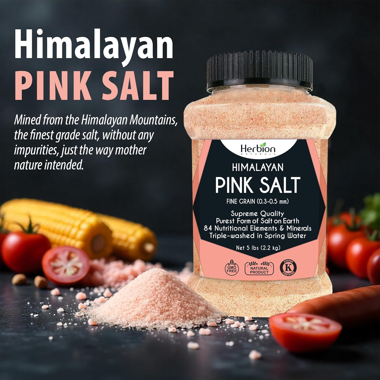 Herbion Naturals Himalayan Pink Salt Jar - Fine Grain, 5 Lbs | Supreme Quality | Triple-Washed| GMO Free, Vegan, Kosher Certified | Chemical Free image number 2