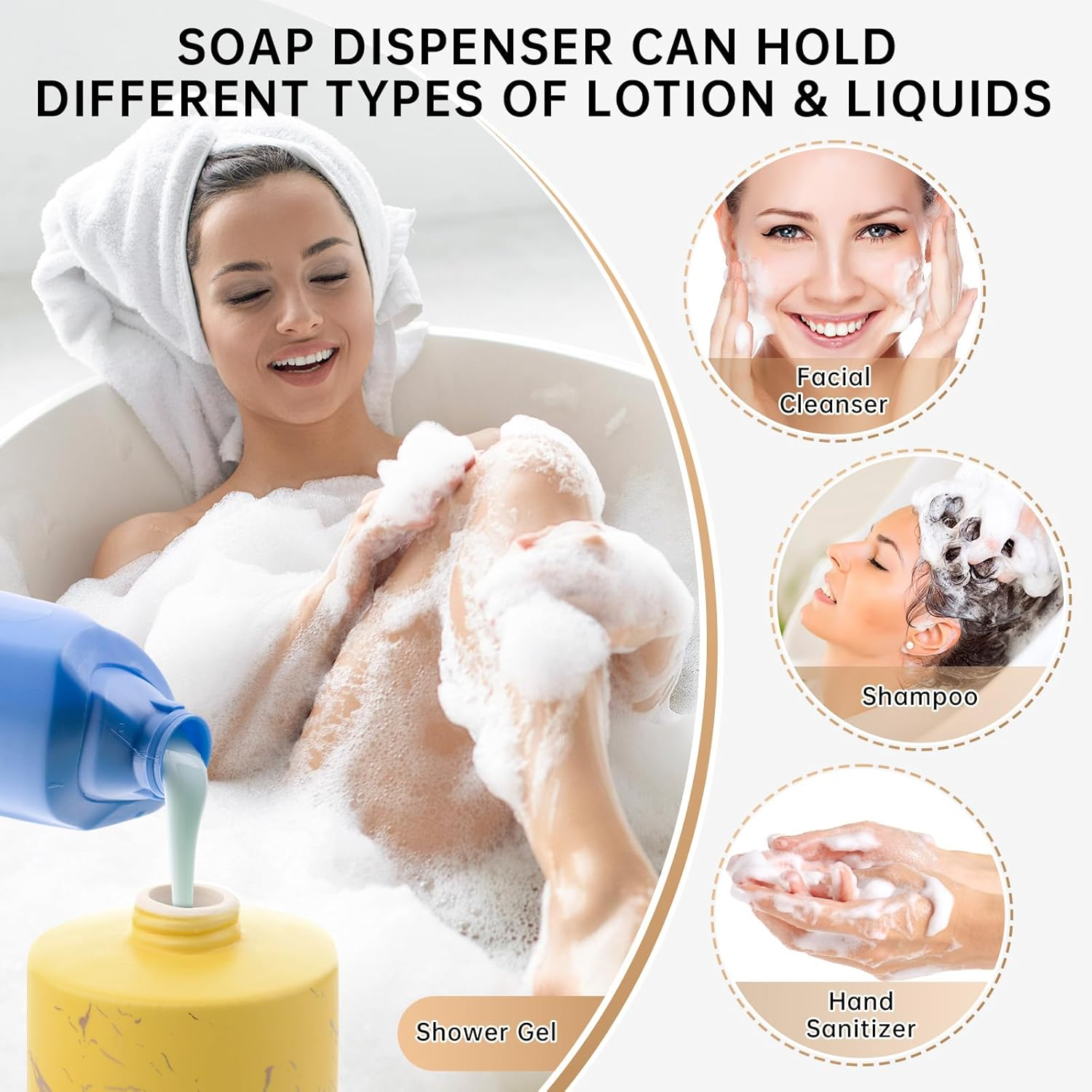 Gold Soap Dispenser Bathroom, Ceramic Hand Soap Dispenser with Marbling for Kitchen, Shower, 300ML. (Yellow) image number 3