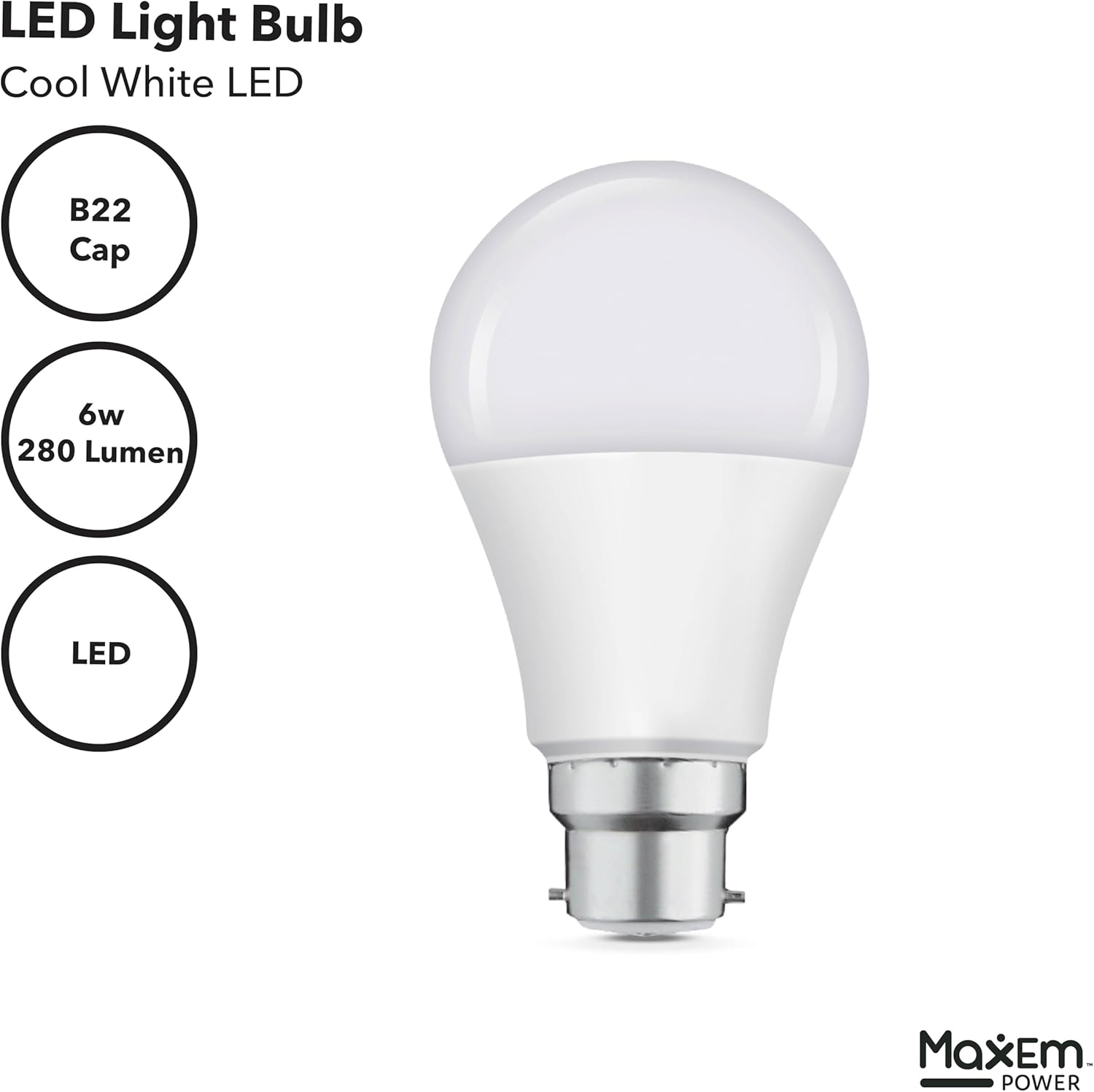 Maxem Power 6W B22 Cap LED Light Bulb, Cool White image number 2