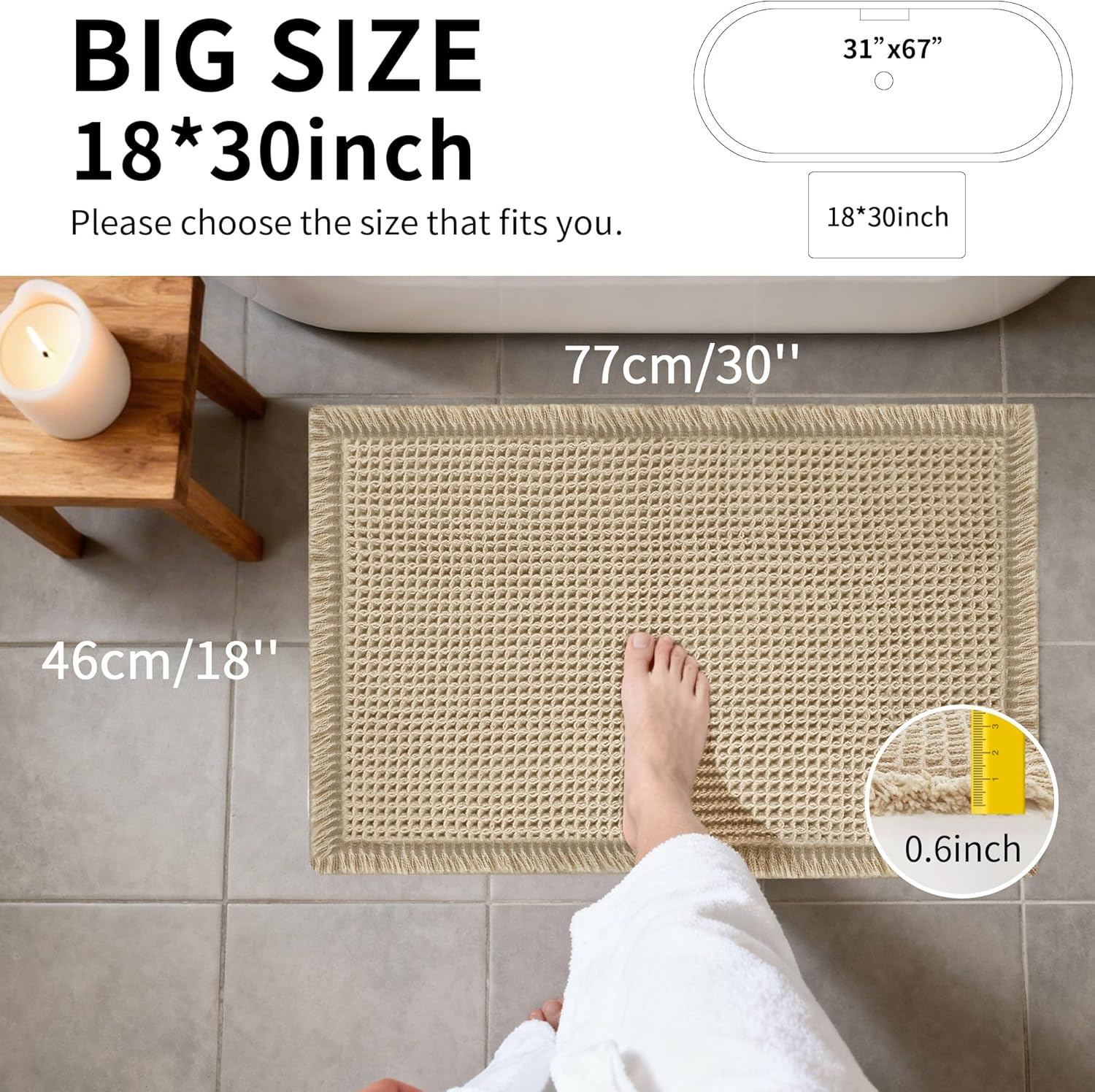 Cosinst Waffle Bath Mat 46X77Cm Super Absorbent Non Slip Comfortable Carpet for Tub, Shower Room, Machine Wash Quick Dry Bath Rugs with Tassels, Rubber Backed Bathroom Mats, Ultra Soft, Brown image number 5