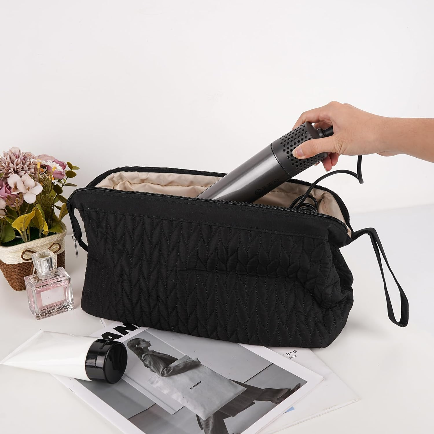 DODAMOUR Hair Tools Travel Bag, Large Capacity Beauty and Salon Tools Organizer with Zipper Closure, Portable Woven Pattern Storage Carrying Case for Home, Professional, and Travel Use (Black) image number 2