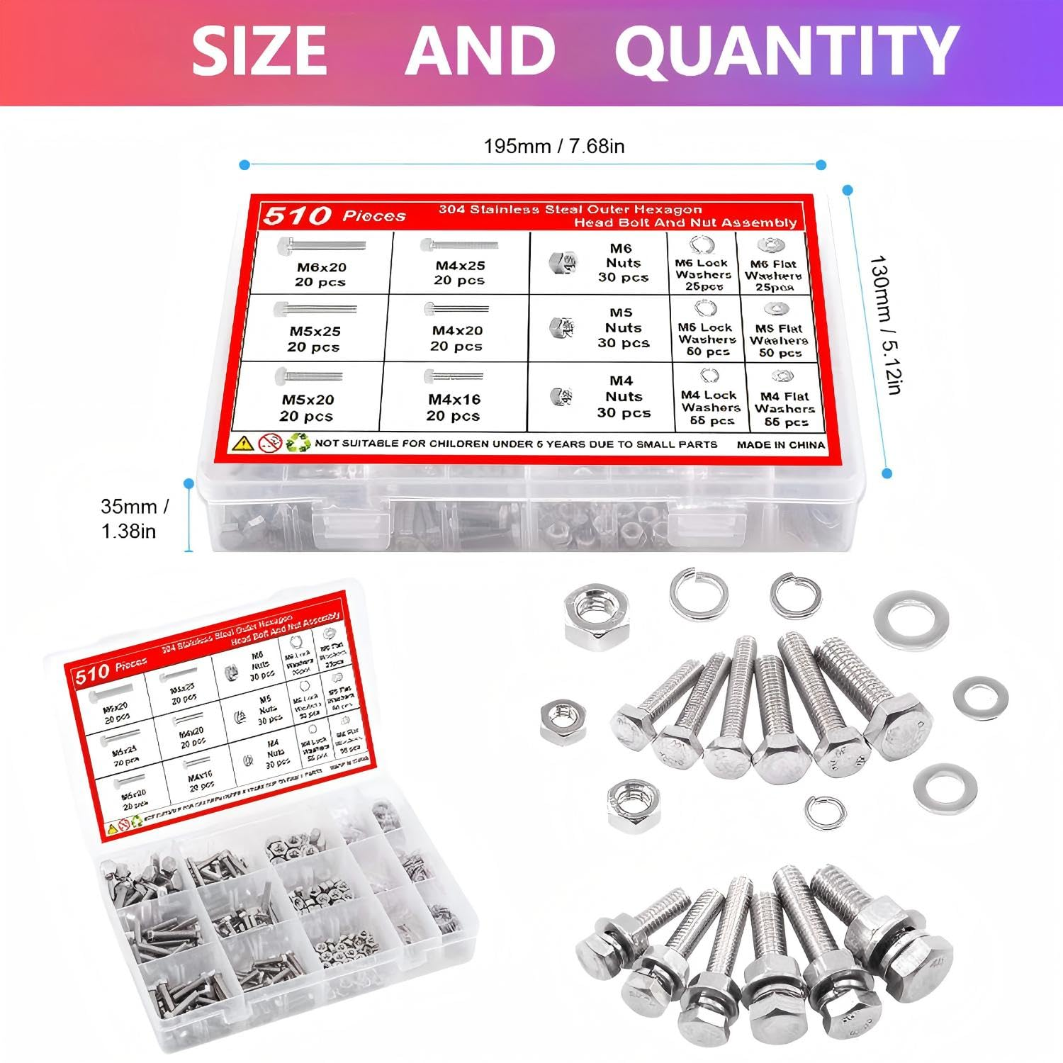 510PCS Hexagon Nuts, M4 M5 M6 Machine Screws with Lock & Flat Washers, Screws Bolts and Nuts Assortment Kit, Grade 10.9 Alloy Steel Hex Socket Button Head Black image number 1