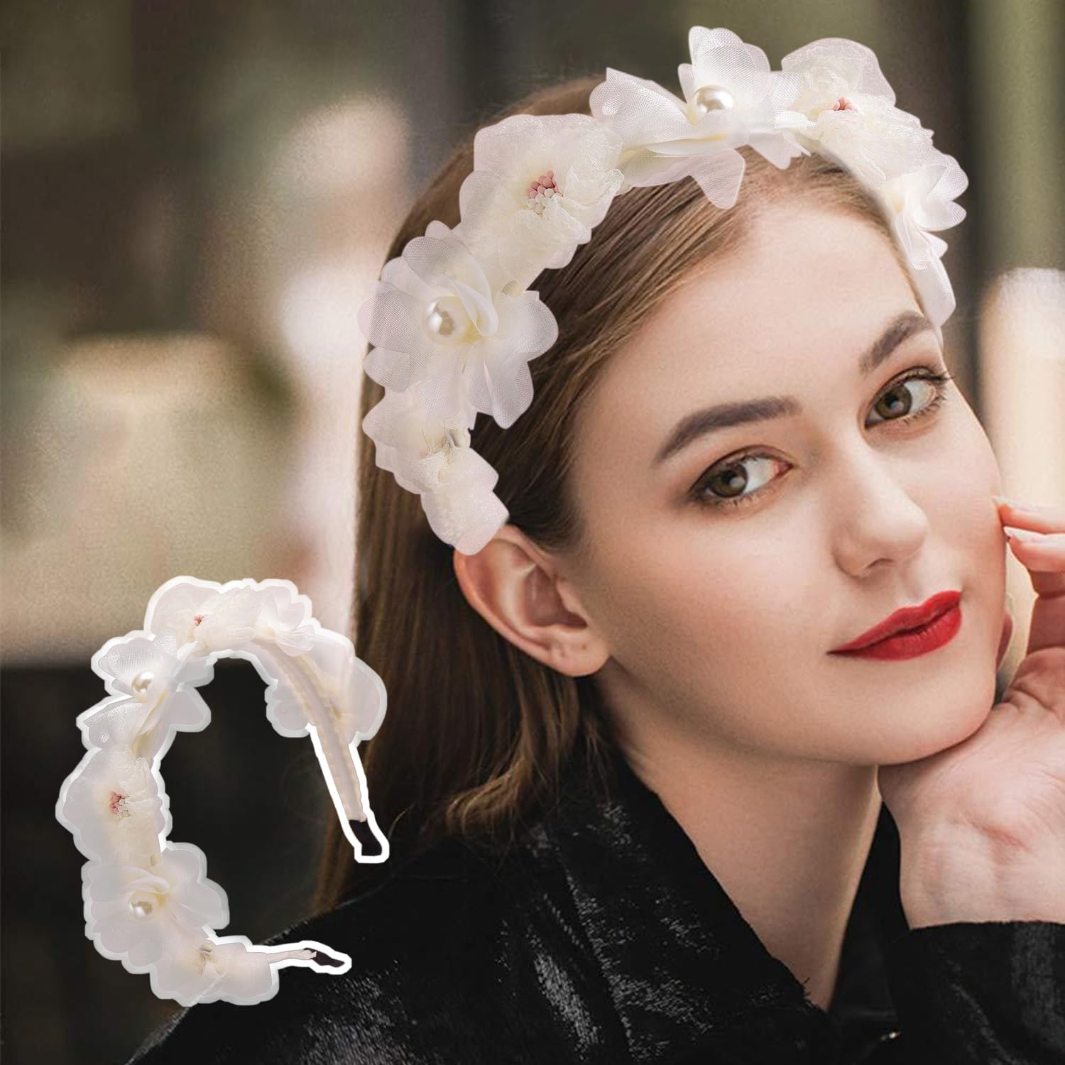1 X Simulated Flower Headband and 1 X White Hair Ring, Simple and Elee Hair Accessories, Elastic Hair Rings, Cute and Cute Hair Accessories. image number 2