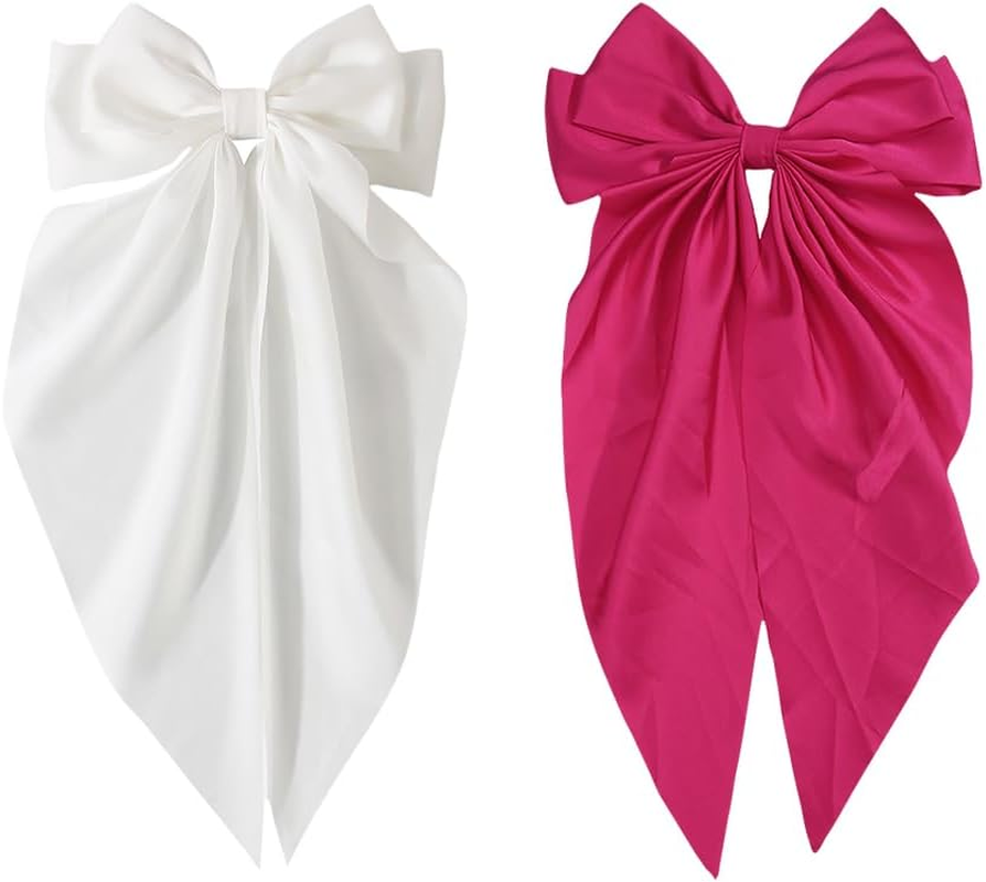 Hair Bows with Long Tail Large Bow Hair Clips Large Hair Bow Hair Clips Hair Bow Accessories for Women and Girls Hot Pink White 2 Pieces image number 3