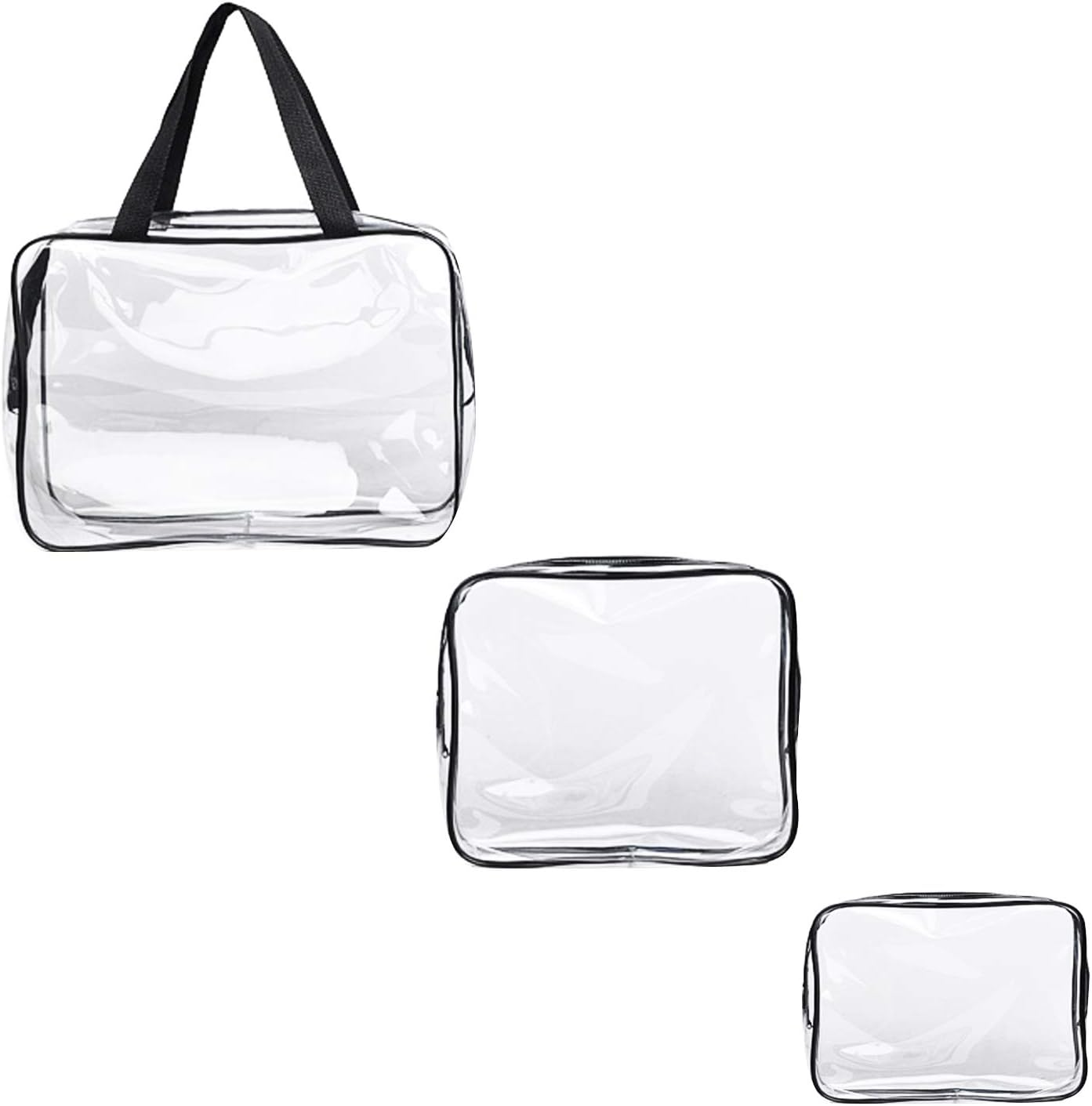 XUNQUCOM Clear Cosmetic Bag, Travel Toiletry Bag Set with Zipper, PVC Make-Up Pouch Handle Straps for Women Men，Set of 3