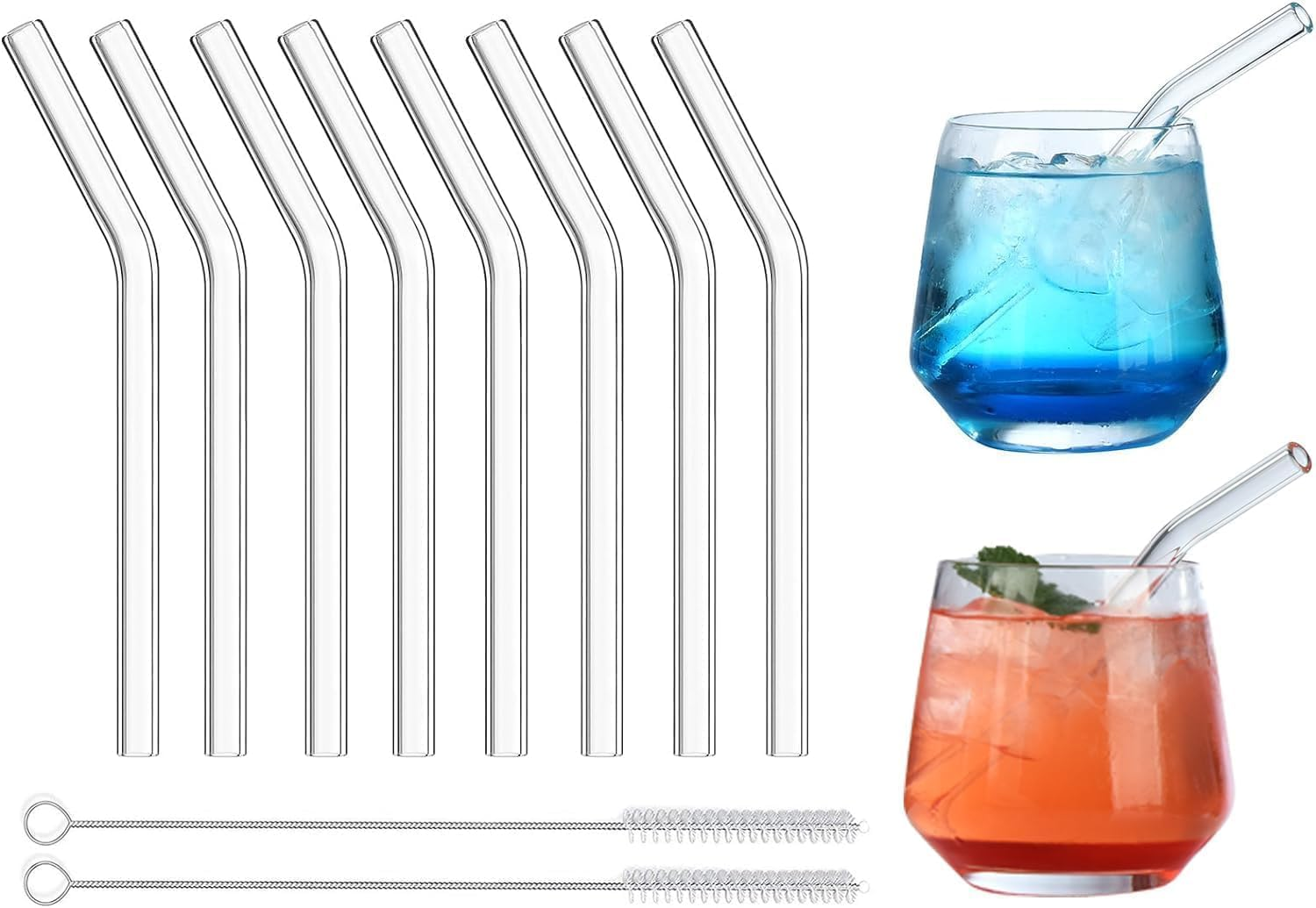 VITEVER Reusable Glass Straws, 6 in X 10 Mm Short Curved Clear Glass Cocktail Straws for Whiskey, Coffee, Soda, Water, Pack of 8 with Brush