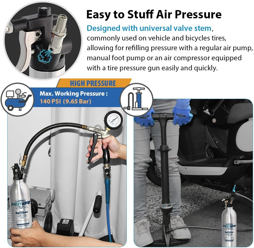 FIRSTINFO A1639 Patented 1000Ml Aluminum Canister Aerosol Refillable Spray Can | Pneumatic Compressed Air Sprayer | Max. Pressure 140 Psi | Short Nozzle with Mist Spray and Long Nozzle with Jet Stream image number 1