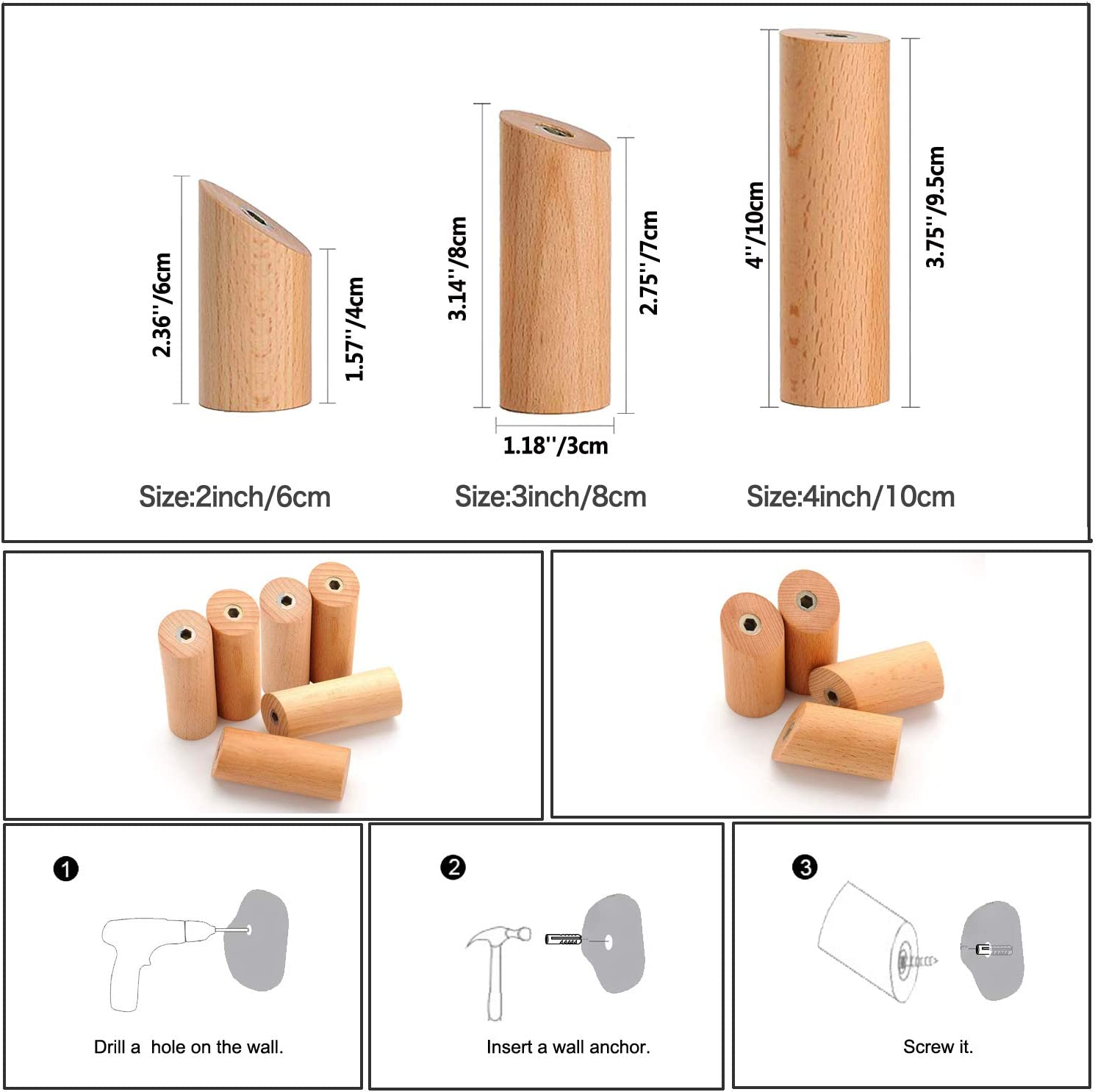 Homedo Wood Wall Hooks, Hat Hook, Wooden Coat Hooks Wall Mounted, Entryway Hat Rack, Decorative Hooks Single Organizer Hat Hanger Towel Rack Hook (R2.8 Beech-6Cm-6Pack) image number 6