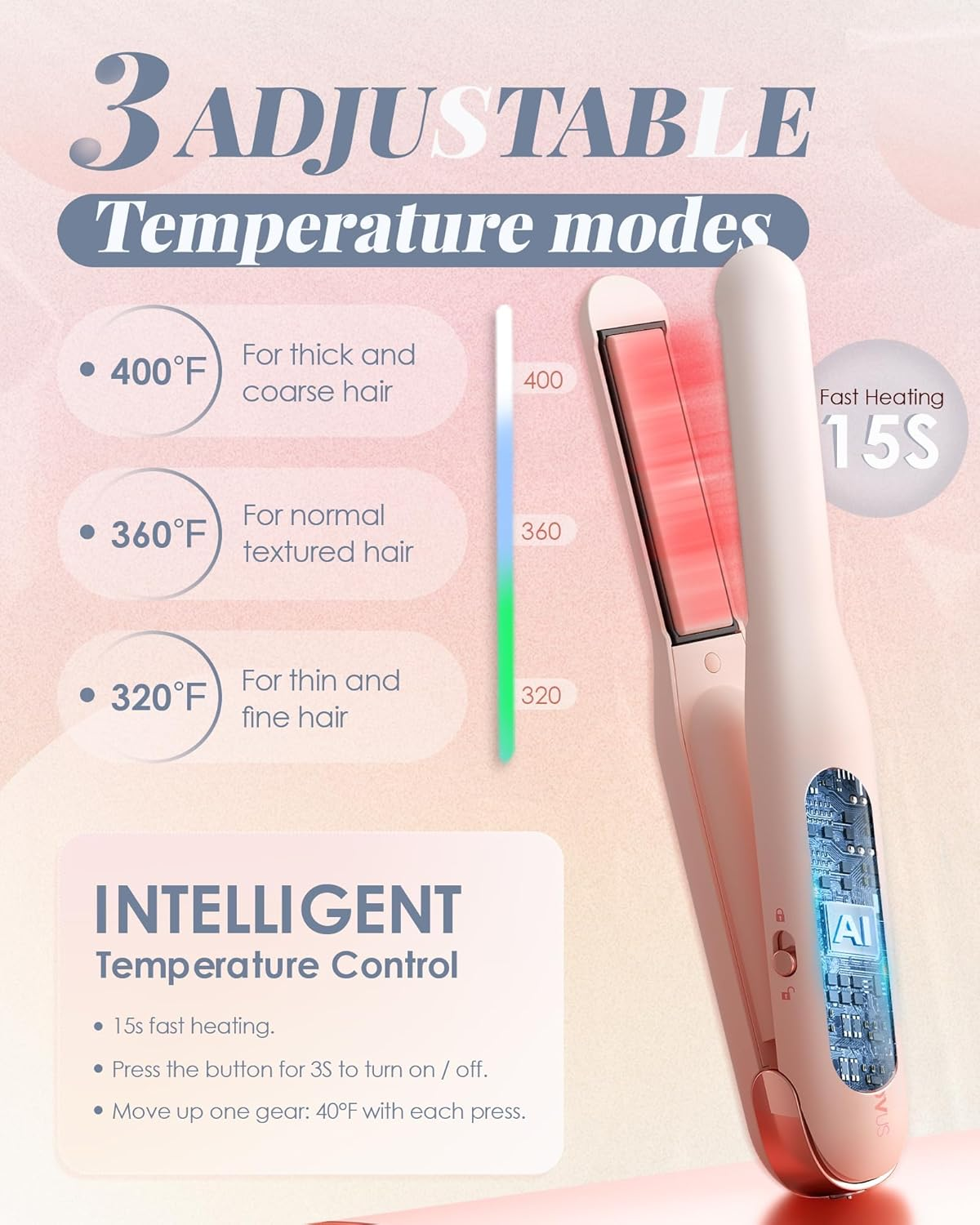 NOVUS 1 Inch Cordless Mini Hair Straightener, Type-C Mini Flat Iron, 2 in 1 Portable Travel Flat Iron & Curling Iron, Fast Heating & 3 Heat Settings, Wireless Ceramic Straightener 4000Ma Battery, Pink image number 4