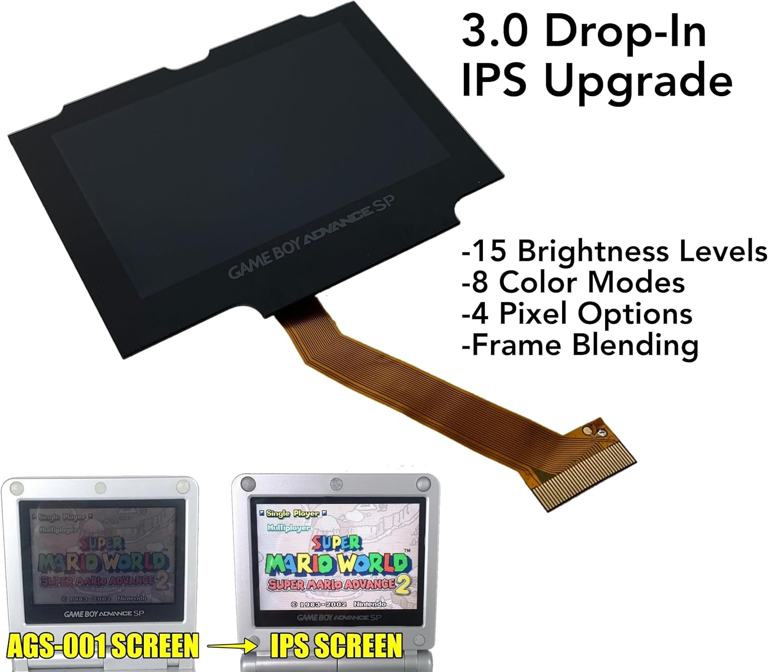 Game Boy Advance SP Drop-In 3.0 IPS Backlight LCD Upgrade Kit for AGS 001 & 101 Gameboy NO SOLDER/NO TRIMMING (Black)