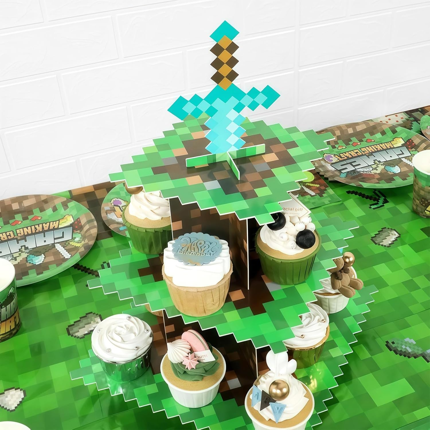 AEEGO Pixel Game Style Cupcake Stand, Three-Tier Cupcake Stand, Premium Cupcake Tray, Creative Tiered Tray, Cupcake Tower Display Plate, Birthday Party Supplies Decoration