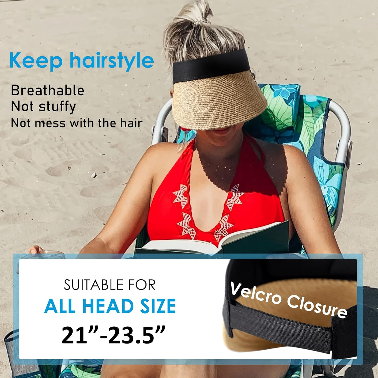 Straw Sun Visor Hats for Women Wide Brim Roll-Up Foldable Beach Visors Cap Summer UV Protection, Khaki, One Size image number 4