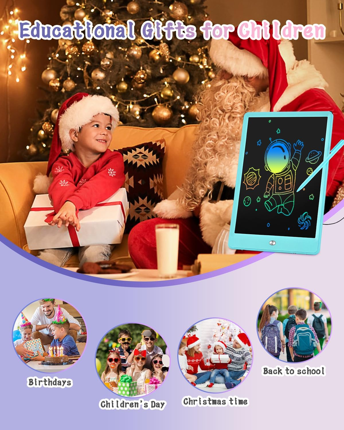 Gifts for Girls Boys, Toddles Colorful Doodle Board Drawing Tablet, 10 Inch Writing Board, Stocking Stuffers Kids Christmas Travel Gifts for Kids Age 3-9 Years, Kids Toys Portable in Car Airplane - Blue image number 6