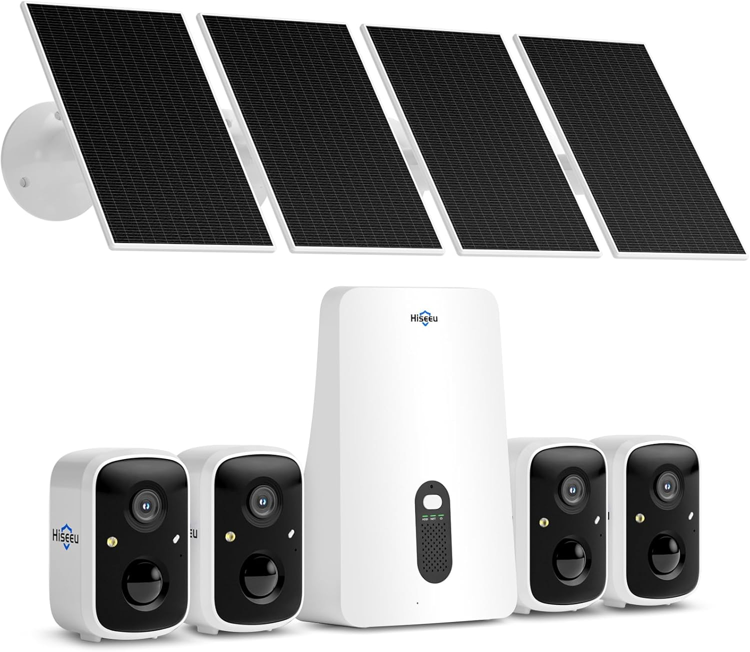Hiseeu Security Cameras Wireless Outdoor, 4 Cam-Kit, 2.4G, 5G Wifi Pro 400Ft, No Monthly Fee, Solar-Powered, Home Security Cameras System with PIR/AI Detection, 2K Color Night Vision (4 Cam-Kit) image number 1