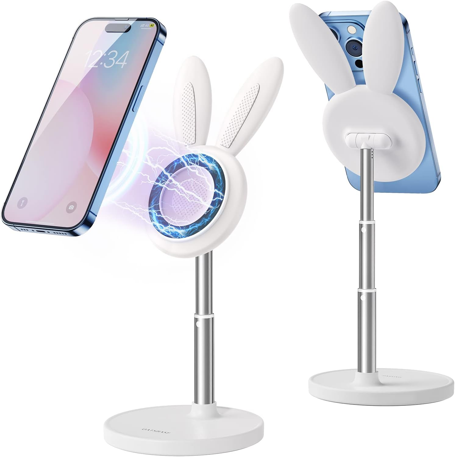 OATSBASF Magnetic Desk Cute Phone Stand for Magsafe, Adjustable Bunny Phone Holder Stand for Iphone 14/13/12, Comes with a Magnetic Patch for All Phones (M-Pink) (TZZJ-P)