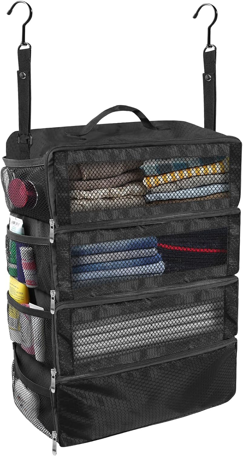 Suitcase Organizer, Travel Luggage Organizer Portable Hanging Travel Shelves Collapsible Hanging Packing Cubes for Carry on Suitcase, Black-M, Medium, Modern