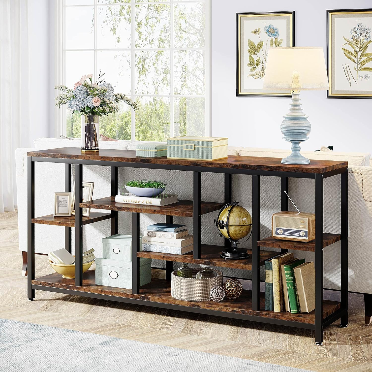 Tribesigns Console Hallway, 180 Cm Extra Long Console Table behind Couch with Storage Shelves, 5-Tier Industrial Entryway Hallway Entrancetable for Living Room, Rustic Brown image number 5