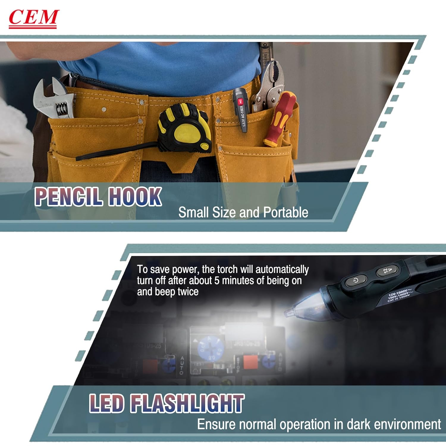 CEM AC-15EX Voltage Tester with Dual Range 12V-1000V/100V-1000V, Non-Contact Explosion-Proof NCV Voltage Detector for Wire Breakpoint Live/Null Wire Test Socket with Flashlight Buzzer & Light Alarm image number 4