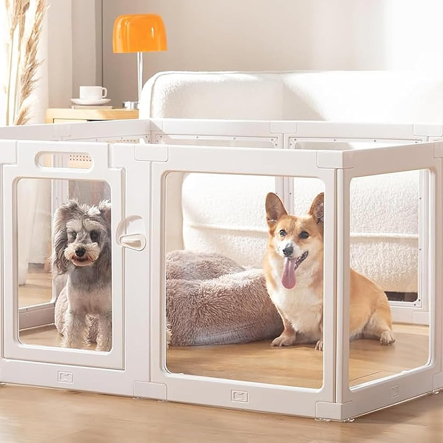 Uandhome Dog Playpen,Clear Acrylic Plastic Puppy Enclosure Playpen, Modern Design Transparent Freestanding Pet Pen Fence, Easy Assemble Foldable Dog Crate for Puppy Cat Bunny Medium Dogs (12 Panels) image number 1