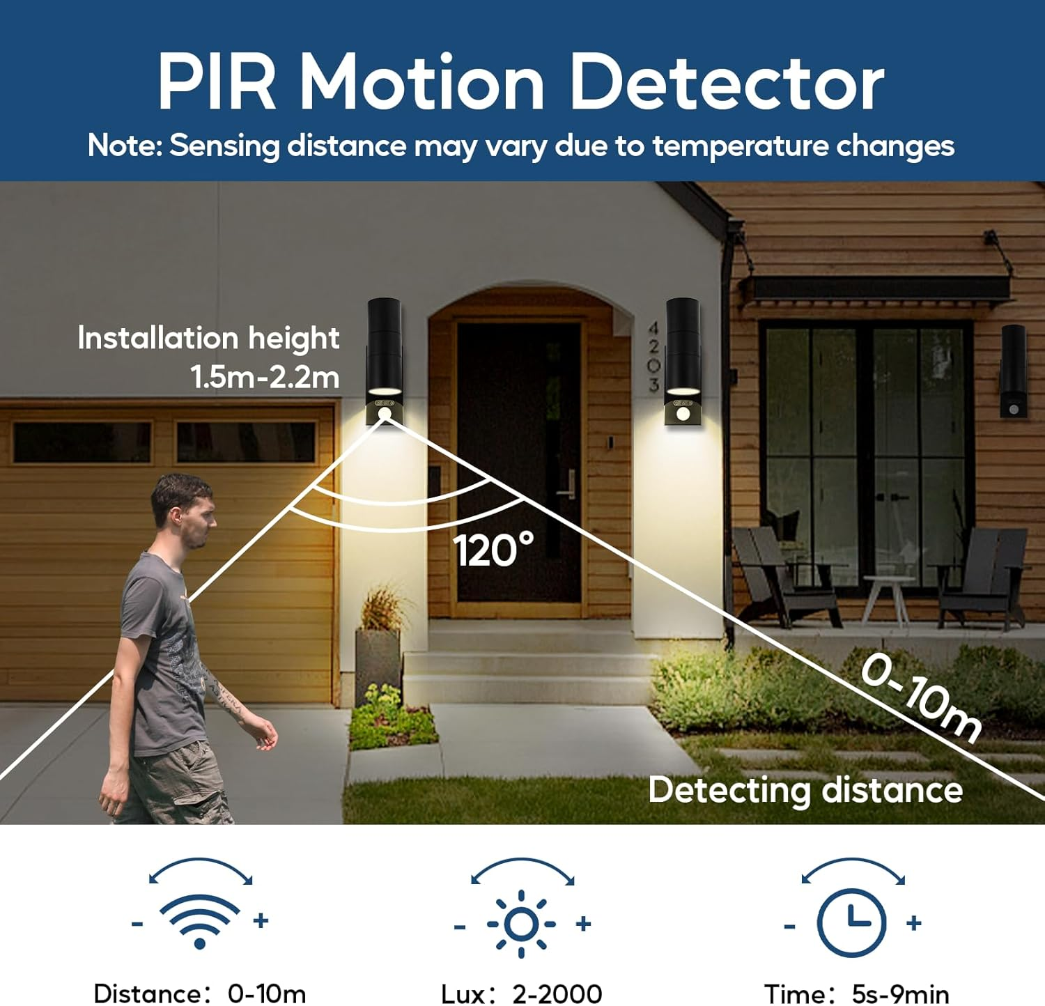 Kerry outside Wall Lights with Sensor, IP65 Waterproof up down Outdoor Lighting, External Pir Wall Mount Security Light, Black Stainless Steel Exterior Light Mains Powered for Front Door (Bulb Excl.)