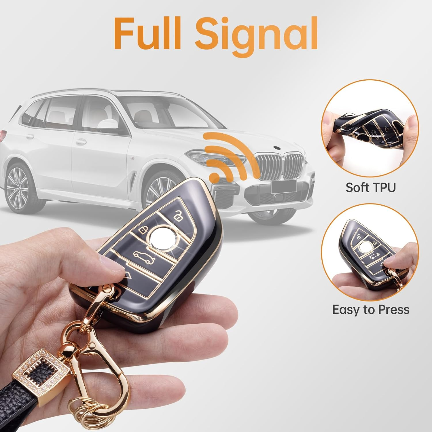 CACARLIKE for BMW Key Fob Cover with Leather Lanyard, Car Key Fob Case Compatible with BMW 2 5 6 7 Seriesx1 X2 X3 X5 X6 Smart Key Protector Holder image number 4