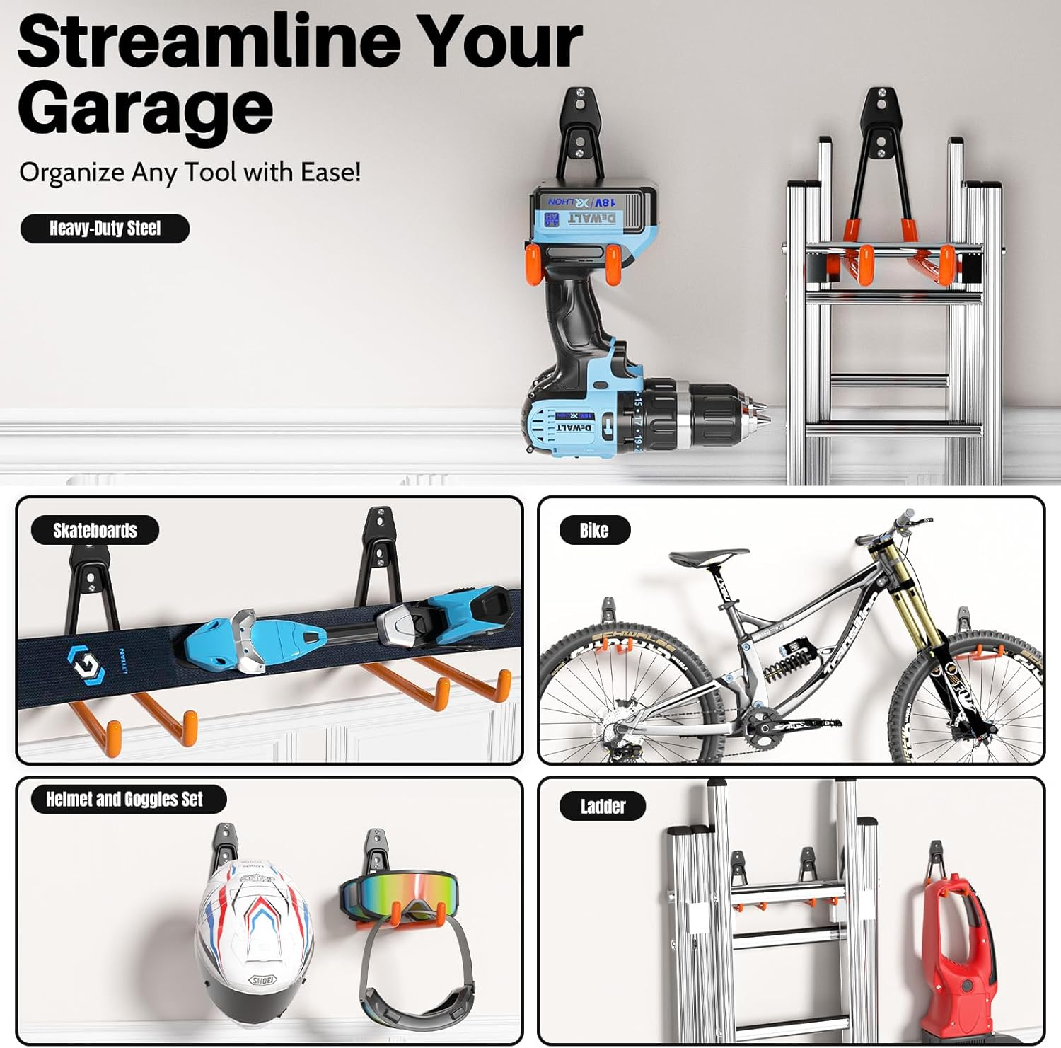 Garage Hooks Heavy Duty 14 Pack Wall Mount Storage Hangers with Mop Broom Holders and Extension Cord Holder Organizer for Power Tool Garden Tool Utility Ladder Hose image number 2