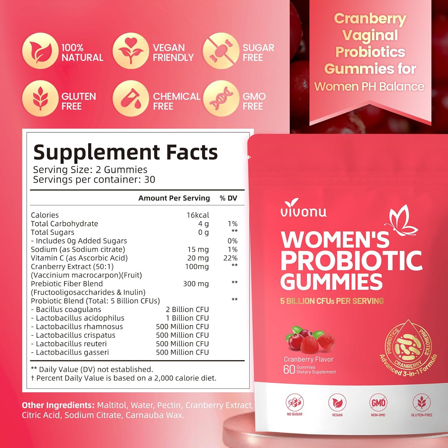 Vivonu Vaginal Women Probiotic, Feminine Balance Ph Gummies for Healthy Odor, Yeast Balance & Flora + Vitamin C for Immune Support -Cranberry Probiotics image number 4