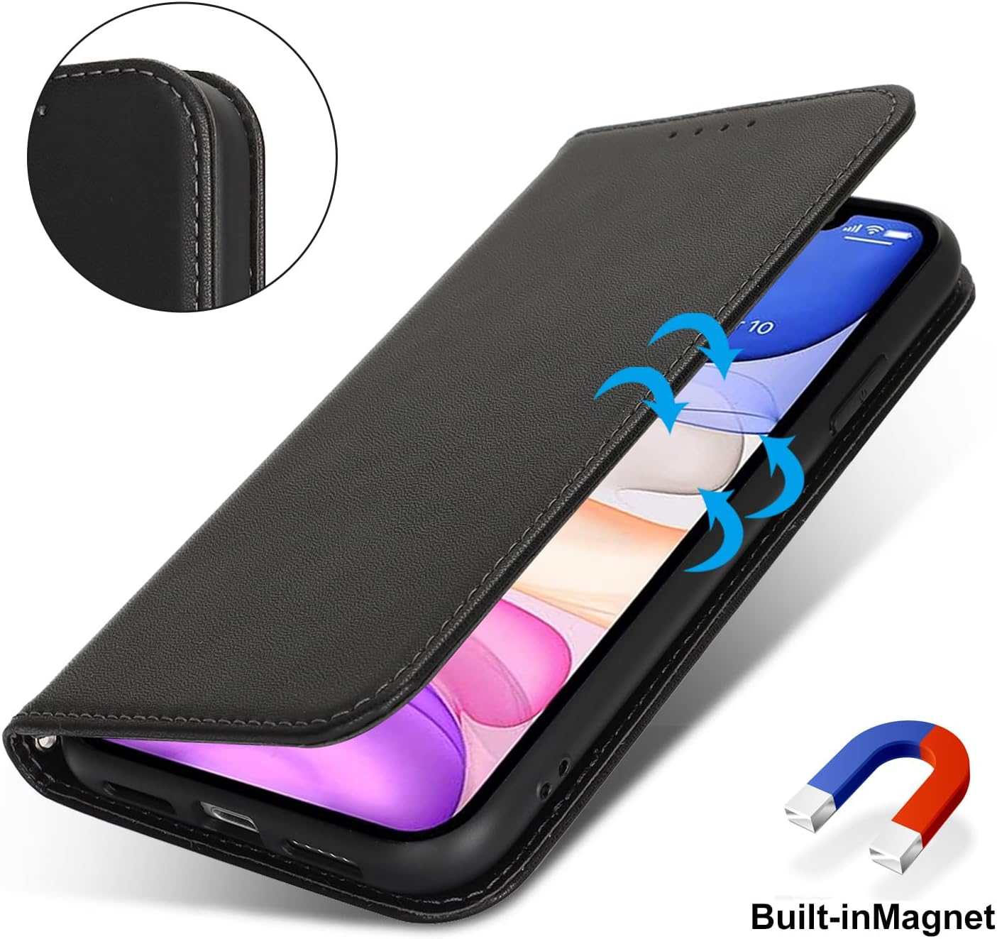 For Iphone 11 Case Leather Wallet Magnetic Flip Cover with Wrist Strap Card Holders Sunyoo Case Women Men RFID Blocking Porte Feuille Portefeuille Coque &Eacute;tui for Iphone11 Pour Femmes Homme Black image number 7
