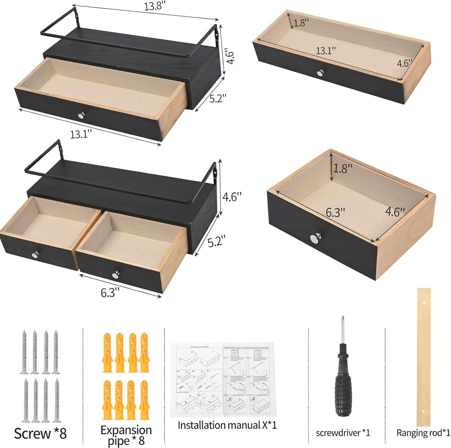 Floating Shelves for Wall Decor Storage, Wall Mounted Bathroom Shelf, Rustic Wood Wall Shelves with Drawers Set of 2 - for Home Decor, Bathroom and Room Decor, Kitchen Storage (Black) image number 6