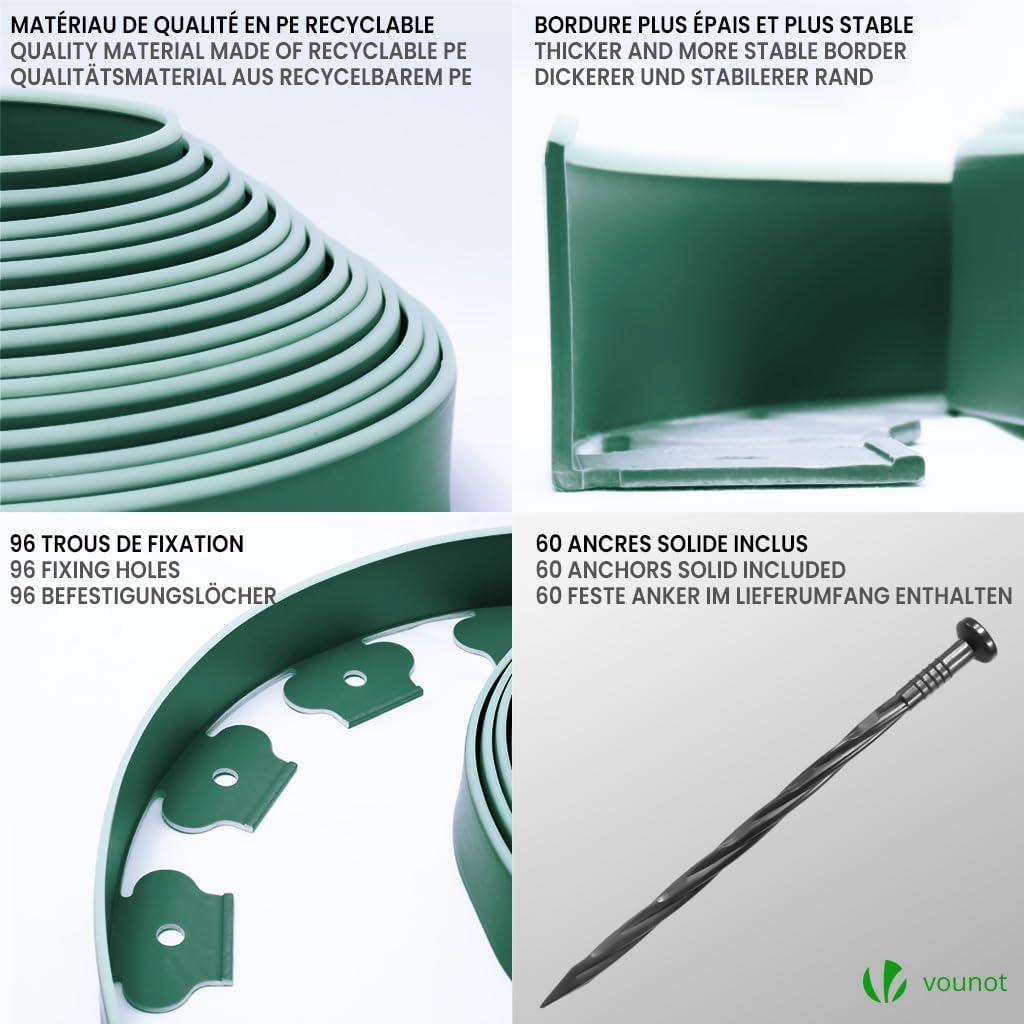 VOUNOT&reg; Plastic Lawn Edging Border with 60 Ground Anchors, 20M Flexible Garden Edging Strip for Grass, Paths, Gravel or Flower Beds, Weatherproof Landscape Border, 5Cm High, Green & Green Outline Edge image number 5