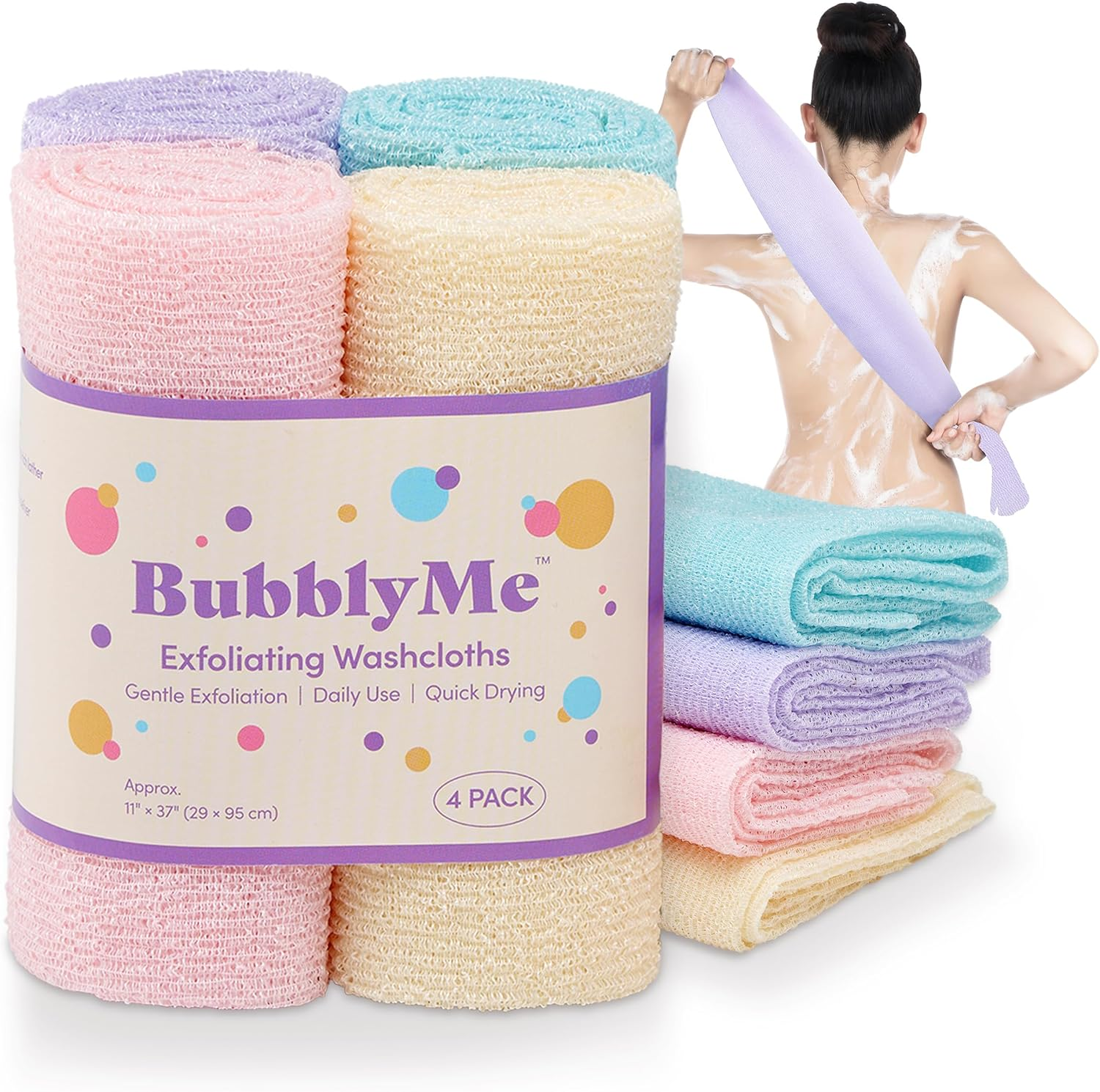 Bubblyme Korean Exfoliating Washcloths 4 Pack Body Scrubber Towels for Shower, Daily Deep Clean & Glowing Skin, Quick-Dry image number 3