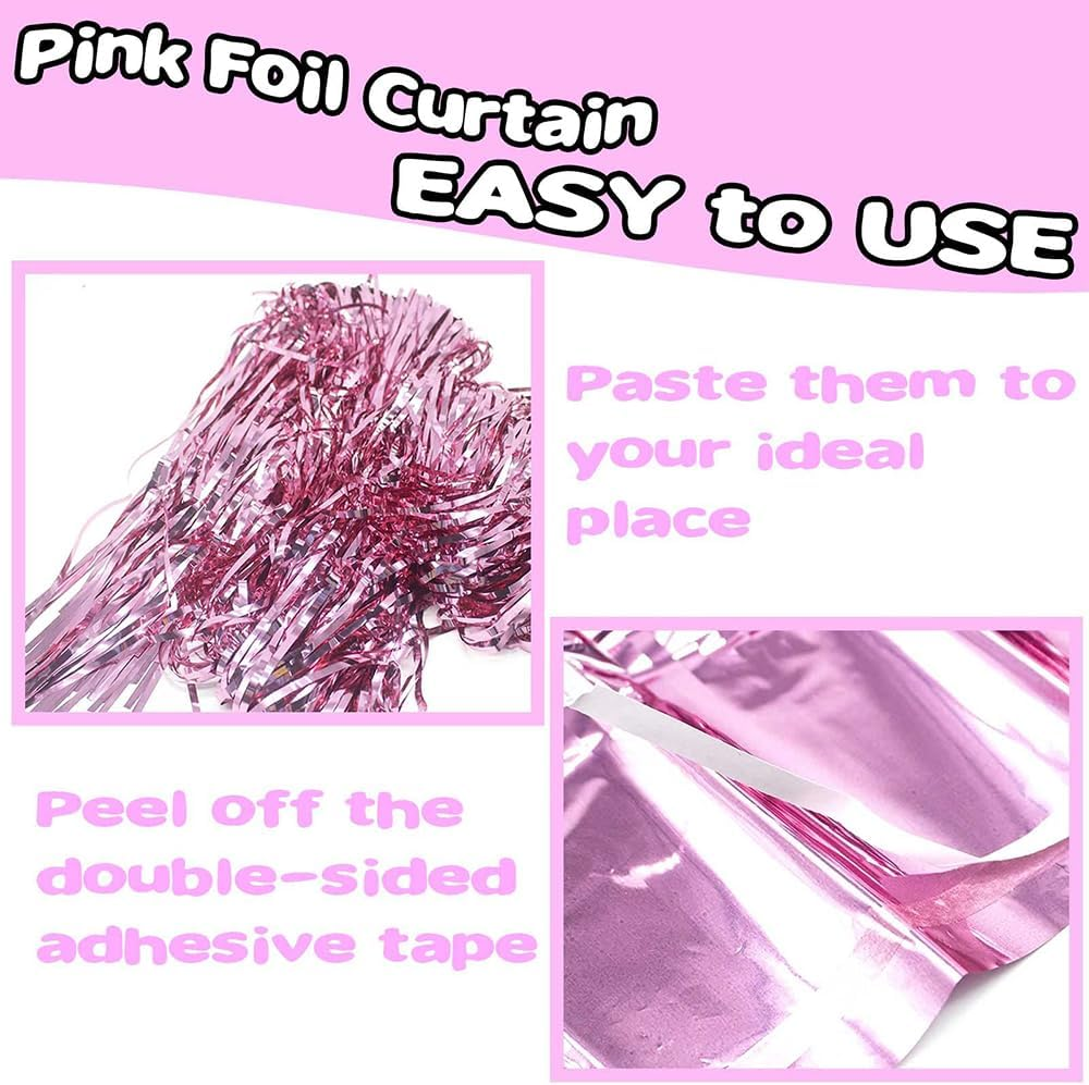 4 Pack Pink Foil Fringe Curtain Backdrop,1 * 2Meter Metallic Tinsel Foil Fringe Streamers Curtains for Birthday St Patrick'S Day Football Christmas Party Decorations image number 2