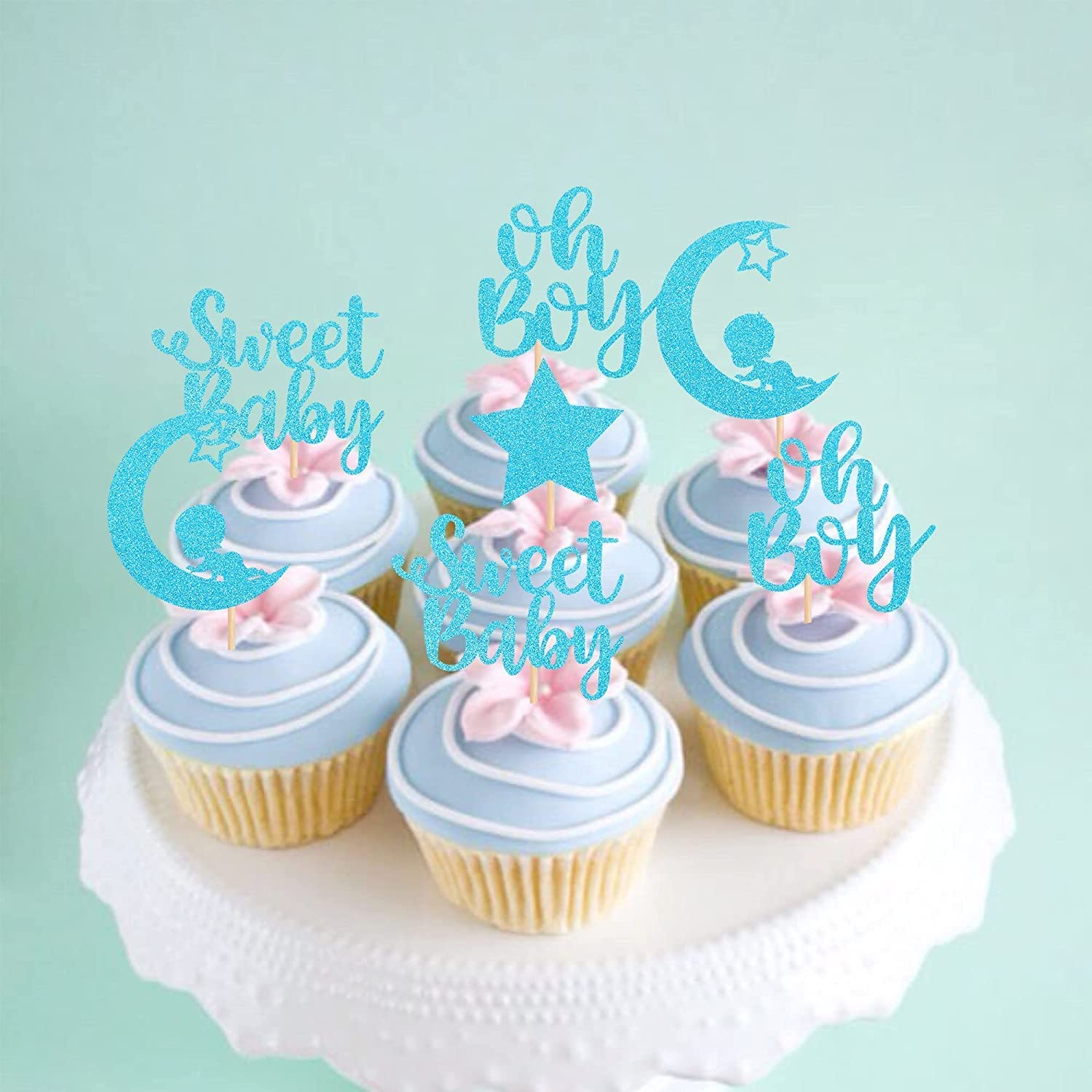 Confetti! 24 PCS Baby Shower Boy Cupcake Toppers with Moon Glitter Star Sweet Baby Boy Cupcake Picks Baby Shower Kids Boys Birthday Party Cake Decorations Supplies Blue - Sweet Baby Boy image number 3