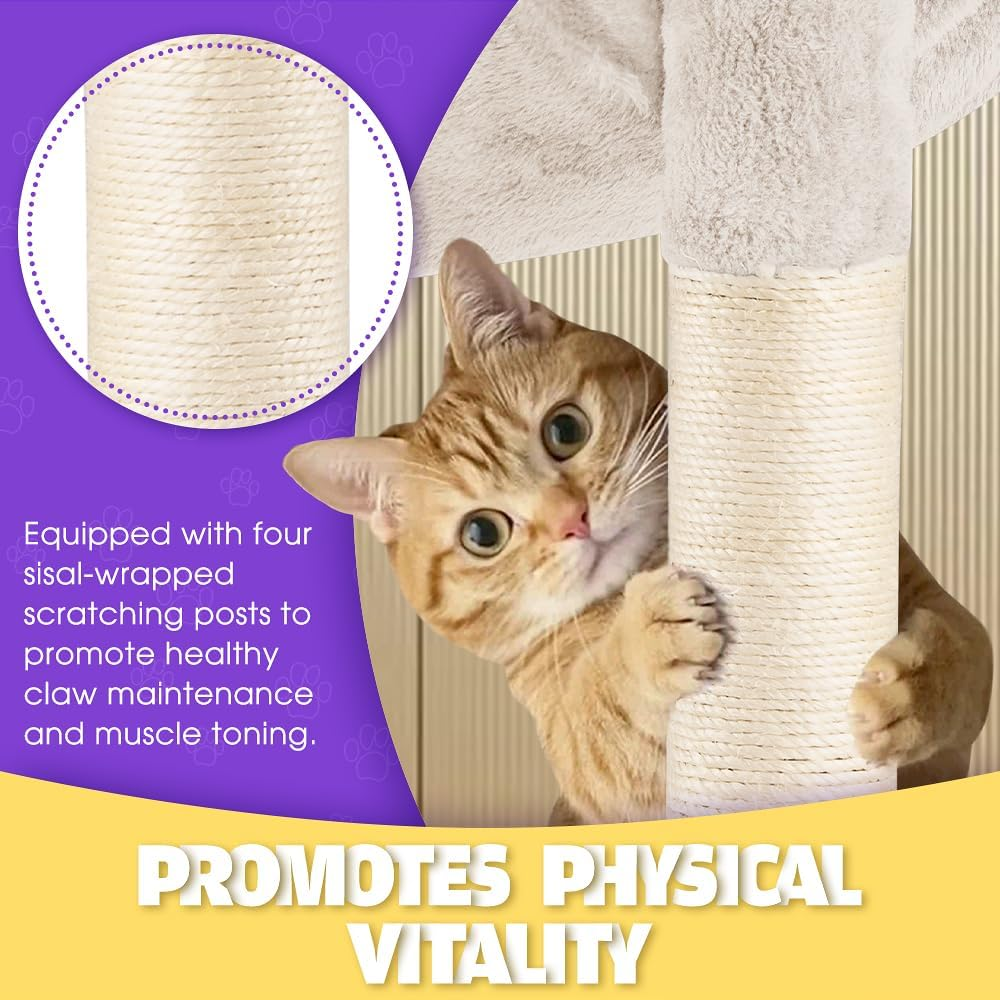 Cat Tree Tower, 142CM Multi-Level Cat Tower for Large Cats, Kitten Furniture Activity Center with Cozy Hammock, Condo, and 4 Sisal Scratching Posts, Beige image number 3