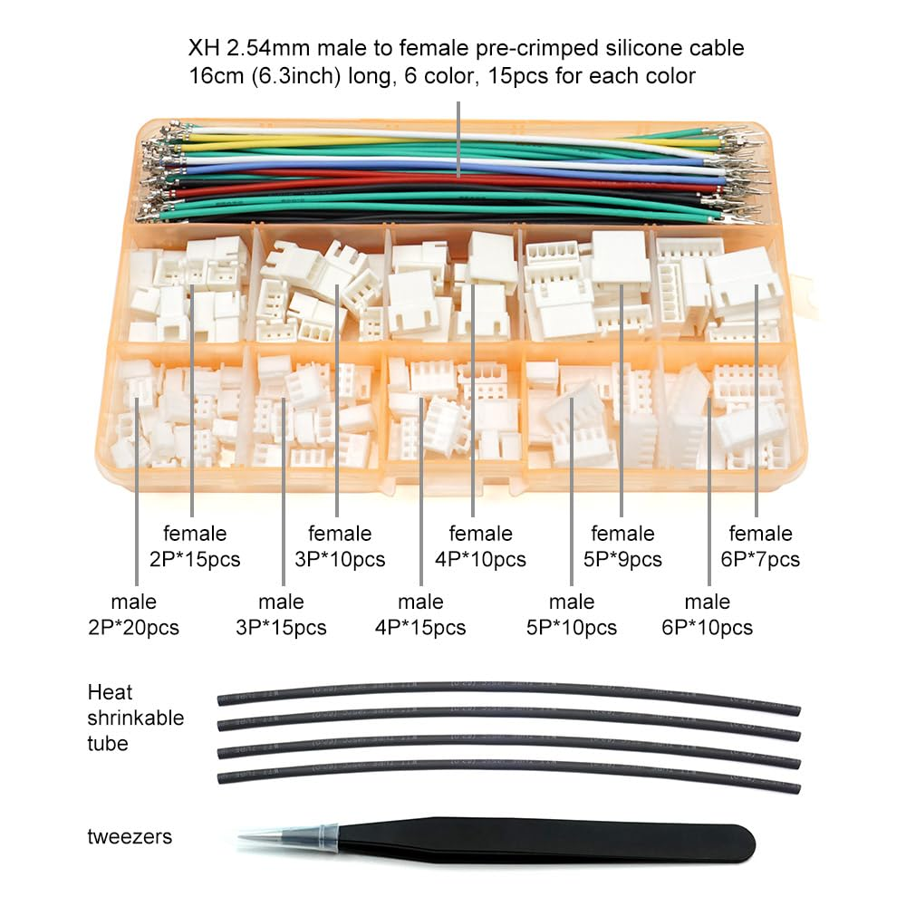 XH 2.54Mm Connector Kit - JST XH Compatible 2.5Mm Pitch Male Female Connector Sockets Plugs and 22AWG Pre-Crimped Silicone Cables Wire 2 3 4 5 6 Pin Housing image number 2