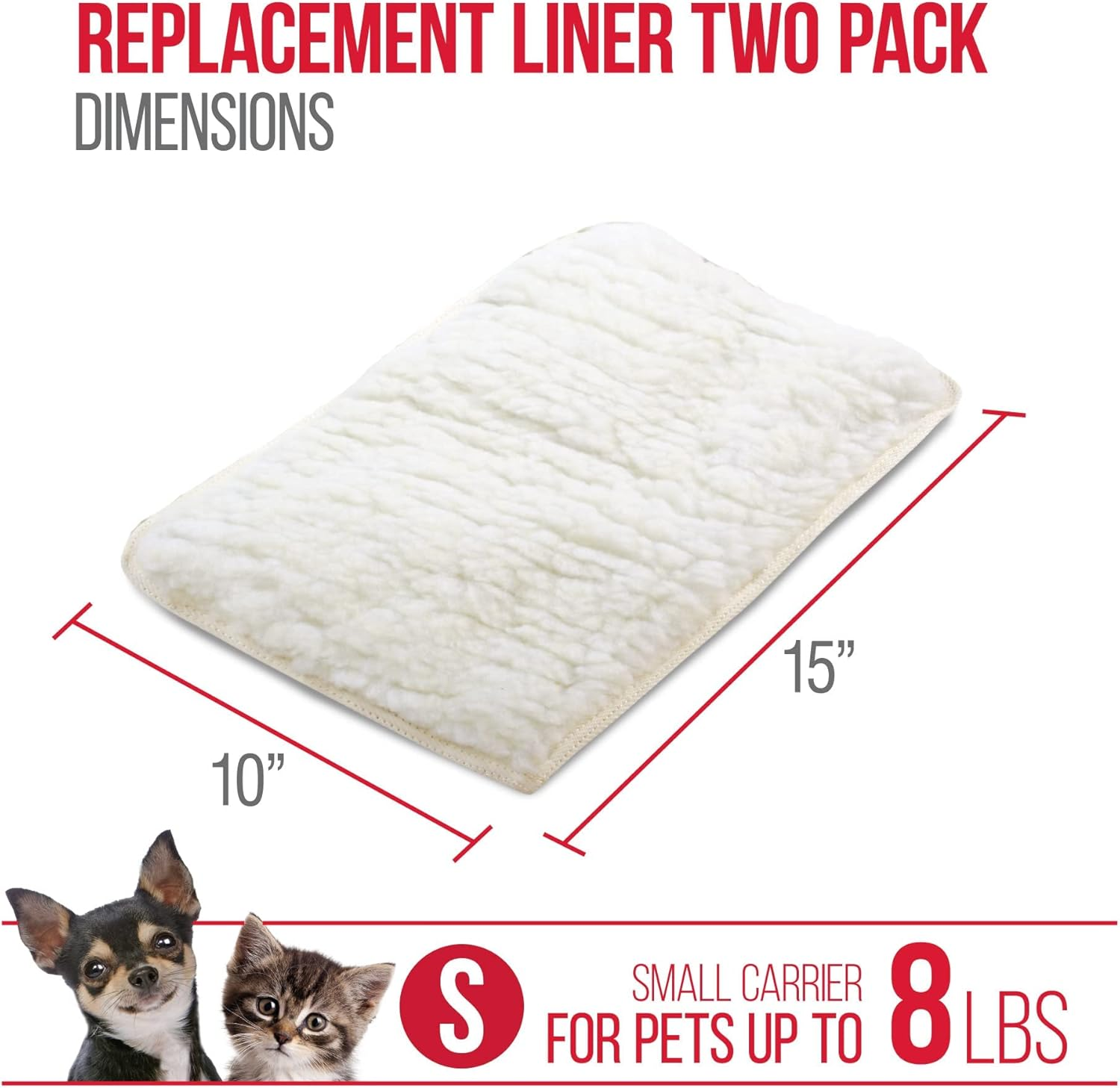 Sherpa, Replacement Liner (2-Pack), for Pet Carrier, Faux Lambskin, Absorbent, Cozy, Soft, Thick, Machine Washable, with Waterproof Backing, Small